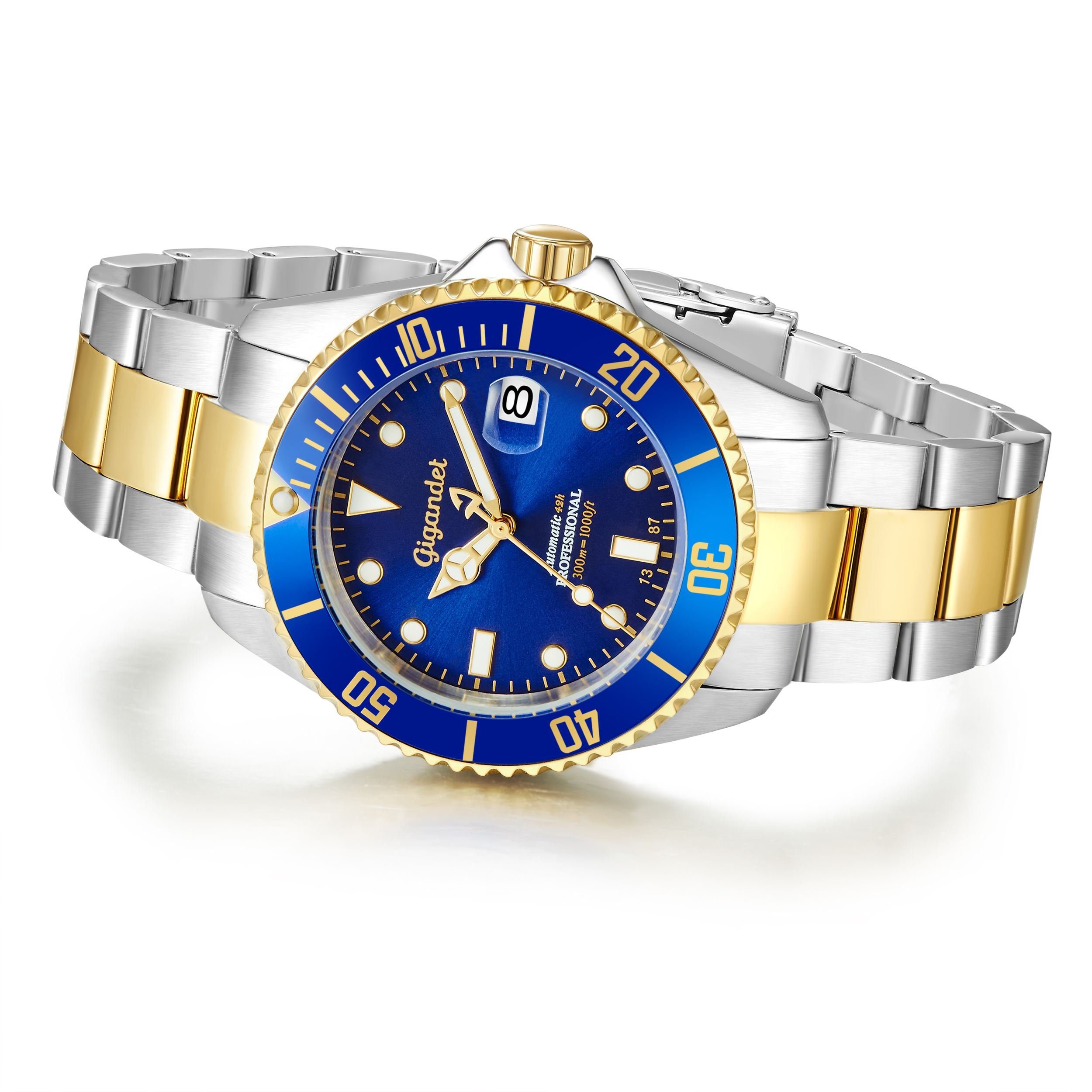 Gigandet Automatikuhr Herrenuhr, Armbanduhr, Taucheruhr, 43mm, SEA GROUND G2-001, Mineralglas, Aluminiumlünette, Blau, 30bar/300m wasserdicht
