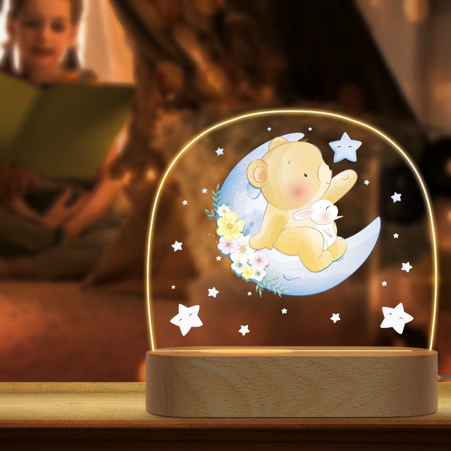 GRAVURZEILE LED Nachtlicht für Kinder, Beruhigend und Energiesparend - Mond Design - Bär, LED, Warmweiß, Geschenk für Kinder & Baby