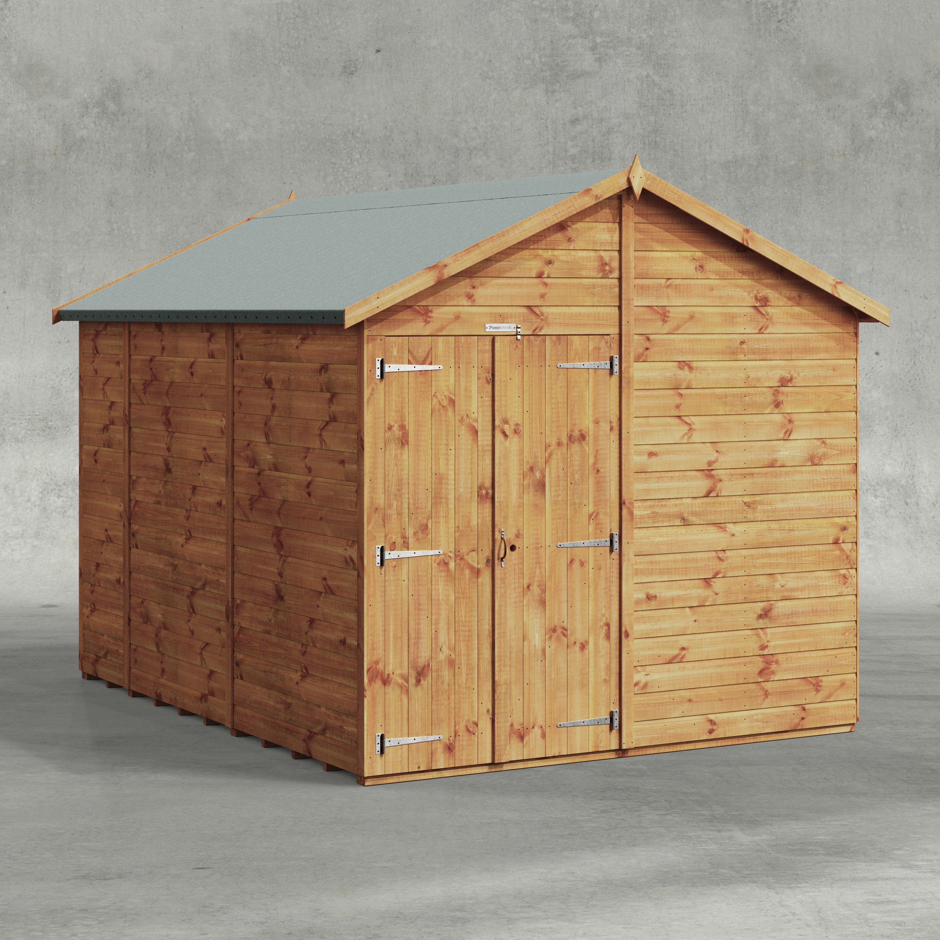 Powersheds Gartenhaus mit Satteldach aus Nut- und Feder Vollholz mit Doppeltür ohne Fenster, BxT: 300x240 cm, (Polyester-verstärkte Dachpappe, gehärtetes Glas, hochwertiges Holz), Hochwertiges Holz