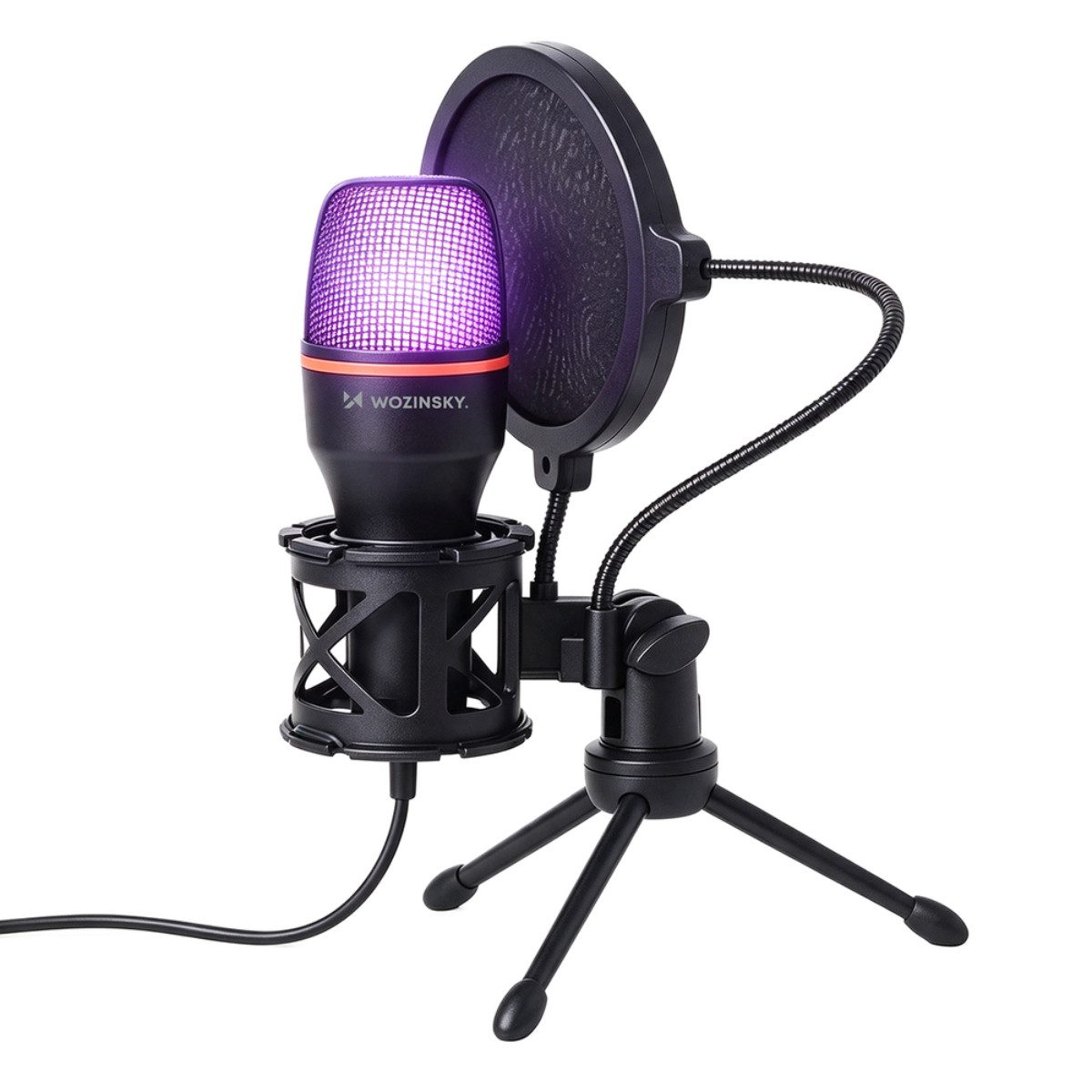 Wozinsky Streaming-Mikrofon WM-W111, 360° Aufnahme, RGB-Beleuchtung, Stativ und Popfilter