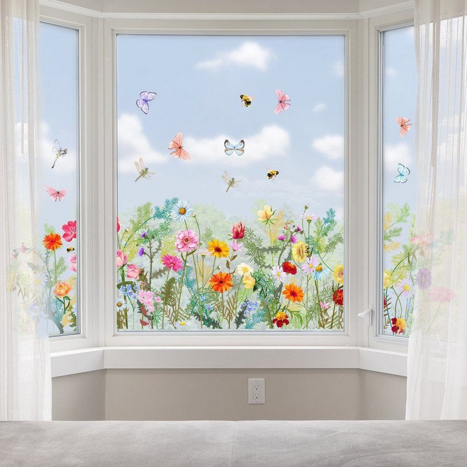 FOUORTUNATE-BEE Fenstersticker Blumen & Schmetterlinge Wandsticker für Fenster und Wand, 1 Stück, Fenster- und Wandsticker mit Blumen- und Schmetterlingsmotiv