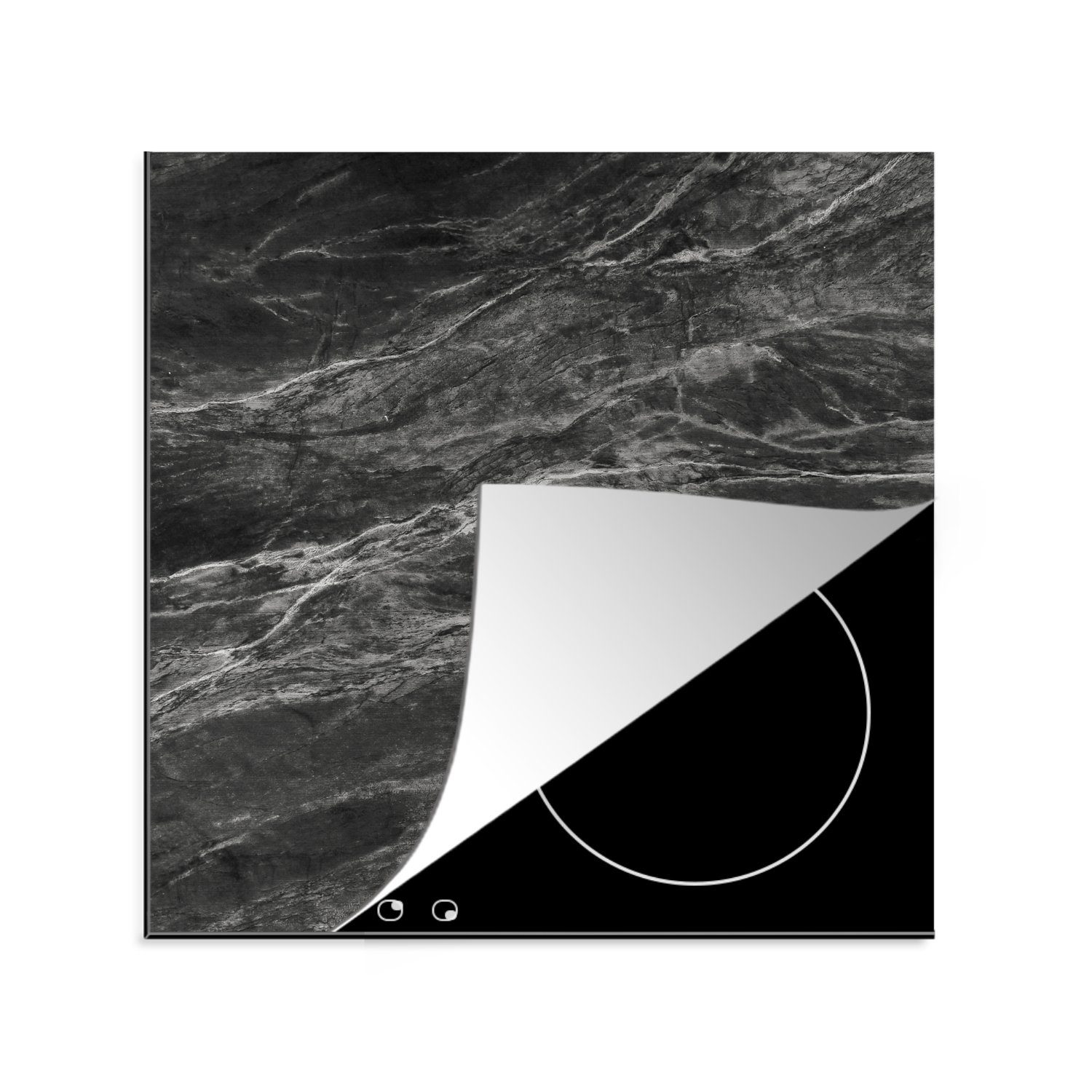 MuchoWow Herdblende-/Abdeckplatte Marmor - Stein - Schwarz - Weiß, Vinyl, (1 tlg), 78x78 cm, Ceranfeldabdeckung, Arbeitsplatte für küche