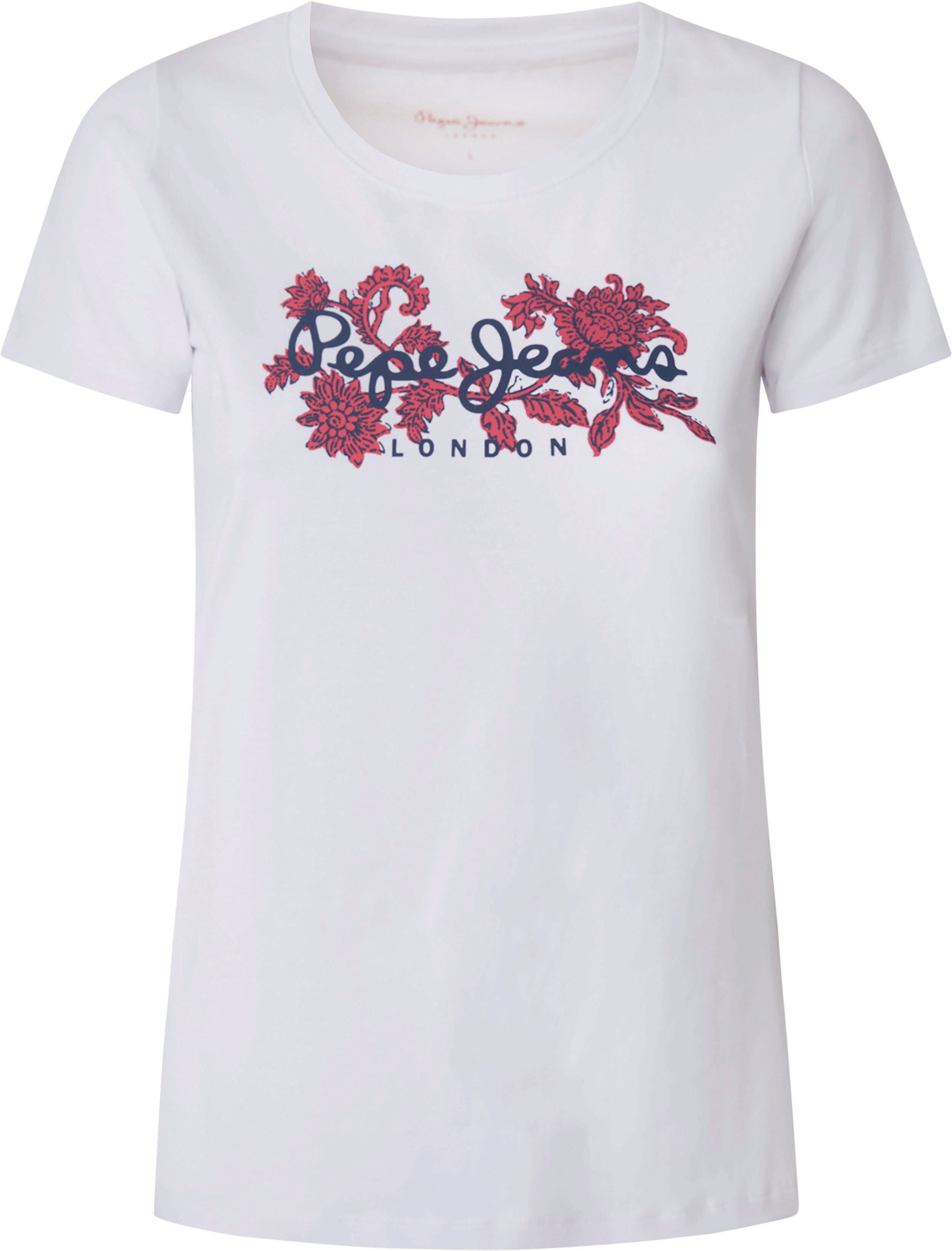 Pepe Jeans Rundhalsshirt NEREA mit floralem Logo-Print und Stretch white | T-Shirts