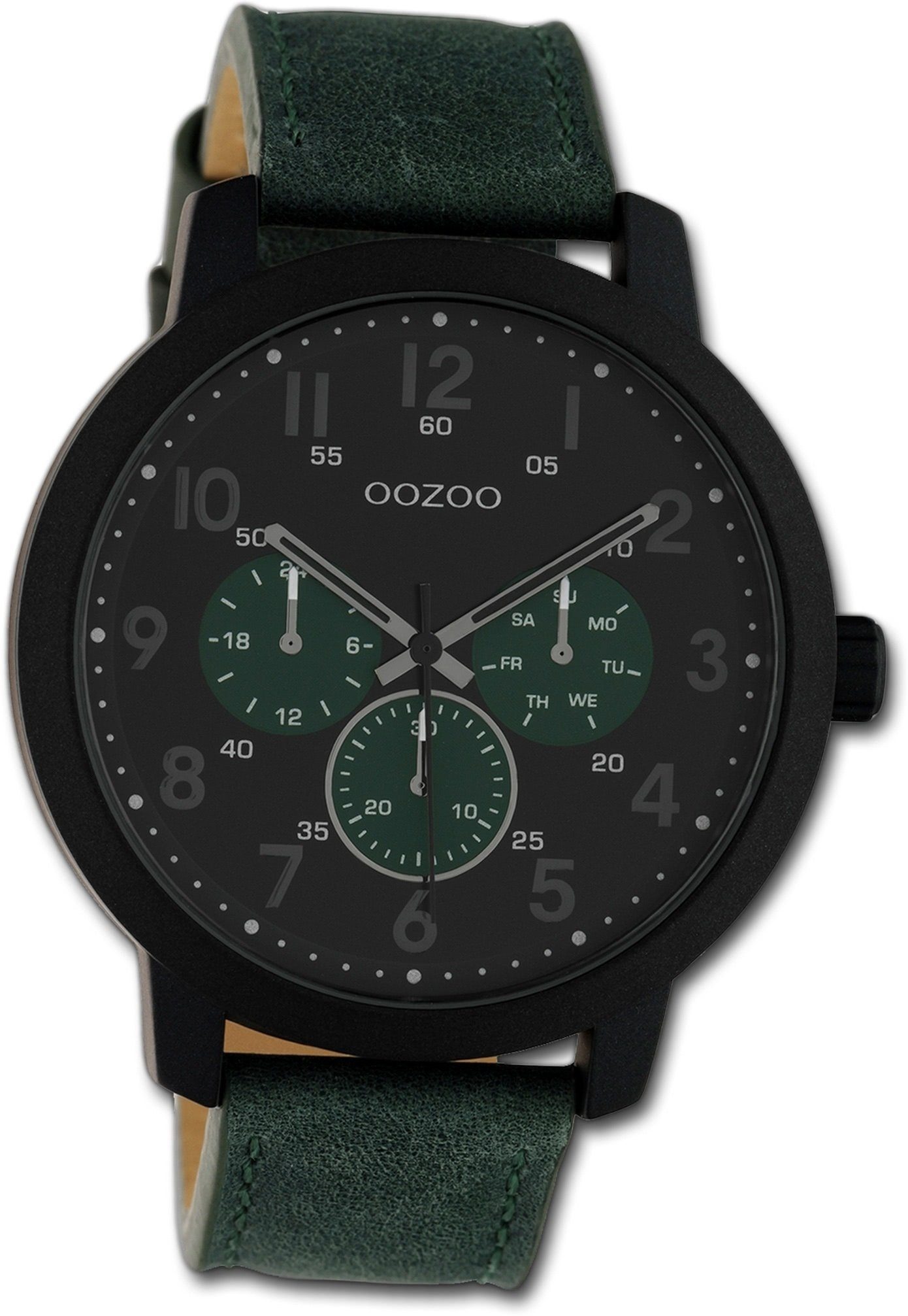 OOZOO Quarzuhr Oozoo Leder Herren Uhr C10508 Analog, Herrenuhr Lederarmband grün, rundes Gehäuse, groß (ca. 45mm) | Quarzuhren