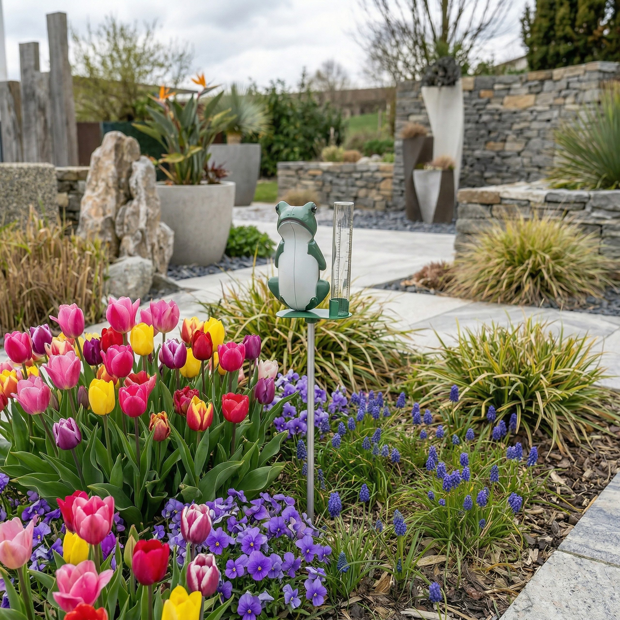 Lantelme Frosch mit Erdspieß Niederschlagsmesser Regenmenge Außen Garten Regenmesser (Metall Erdspieße, inkl. 40cm Erdspieß Metall, Regenmengenmesser auch als Deko)
