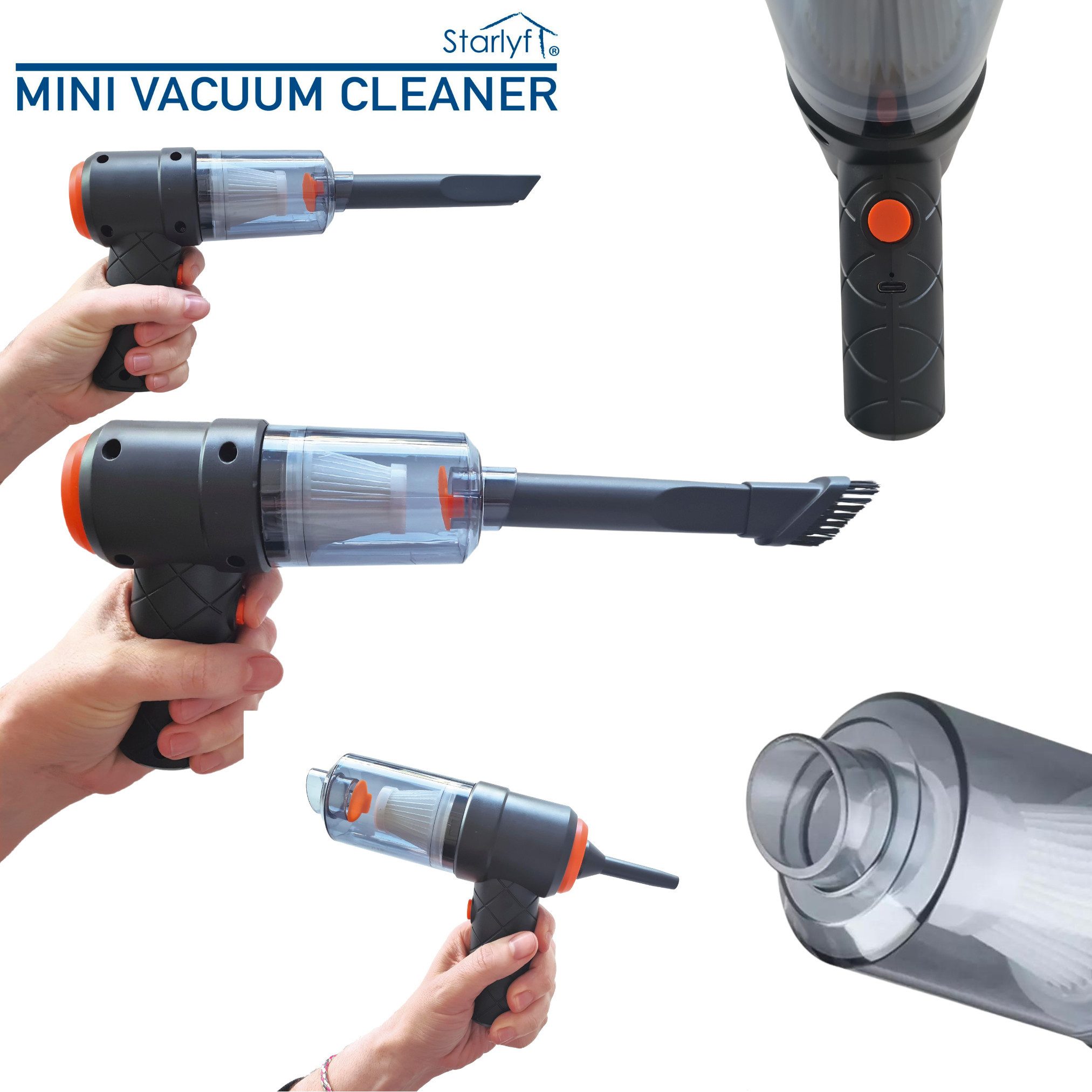 Starlyf Akku-Handstaubsauger Mini Vacuum Cleaner, 45,00 W, beutellos, 2in1 Staubsauger mit Gebläse ideal für Auto & Computer, 1200 mAh