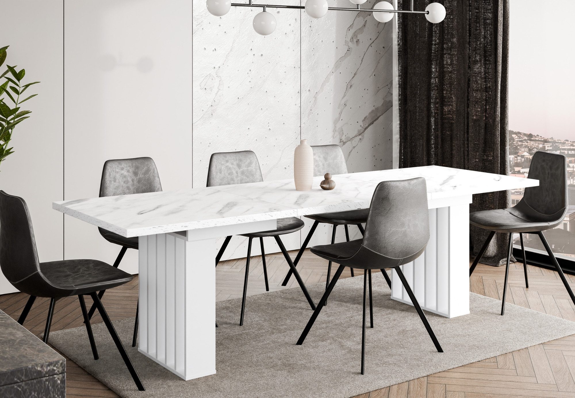 Home Collective Esstisch ausziehbar Tisch Küchentisch Esszimmertisch Ausziehtisch (160-240 x 80 cm Esszimmer Küche Wohnzimmer Esstisch erweiterbar), Säulengestell in Lamellen-Optik, Weiß Marmor-Optik, Weiße Beine