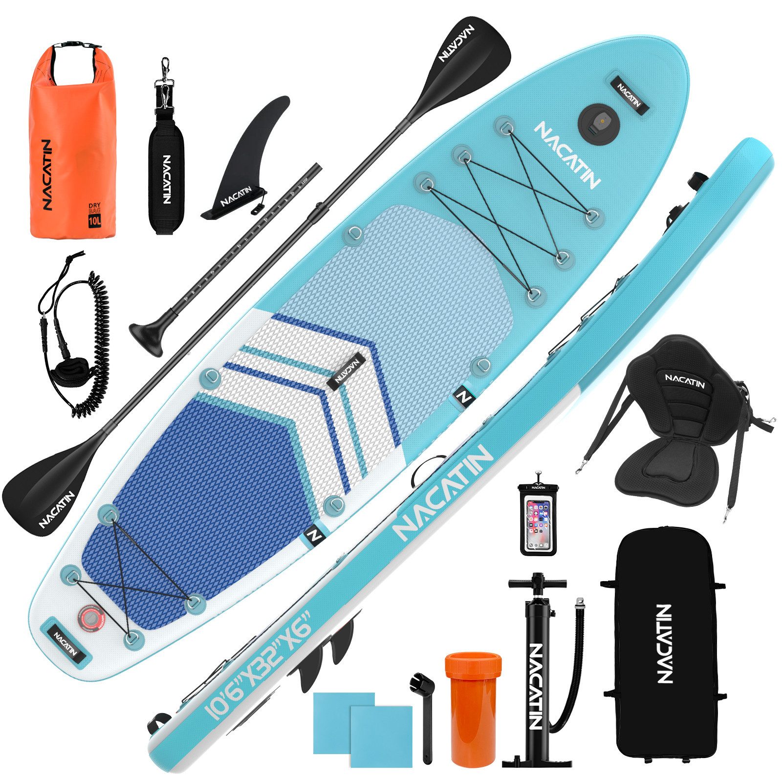 Inflatable SUP-Board mit Kajaksitz, Paddel, Pumpe, Rucksack & Tasche