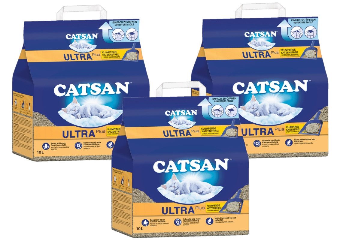 CATSAN Katzenstreu Ultra Plus Klumpstreu 3 x 10l (Vorrats-Set), für schnelle & feste Klumpenbildung gegen Gerüche von CATSAN