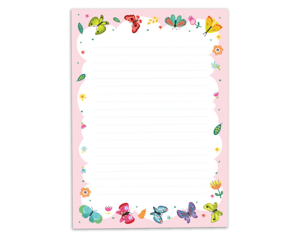 JUNAPACK Briefpapier Set Kinder Briefblock A5 mit Umschlägen Notizblock Schmetterling rosa, Kinder-Briefpapier A5 mit 15 Umschlägen, liniert & leicht beschreibbar