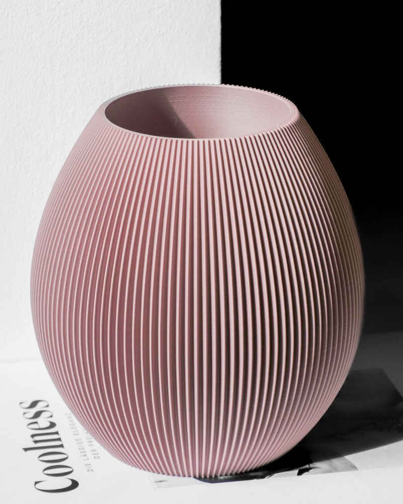 Dennismaass. Dekovase RUND aus BIO-Kunststoff mit minimalistischen Rillen in Aschlila, Dekorative Vase aus Bio Kunststoff mit feinen Rillen
