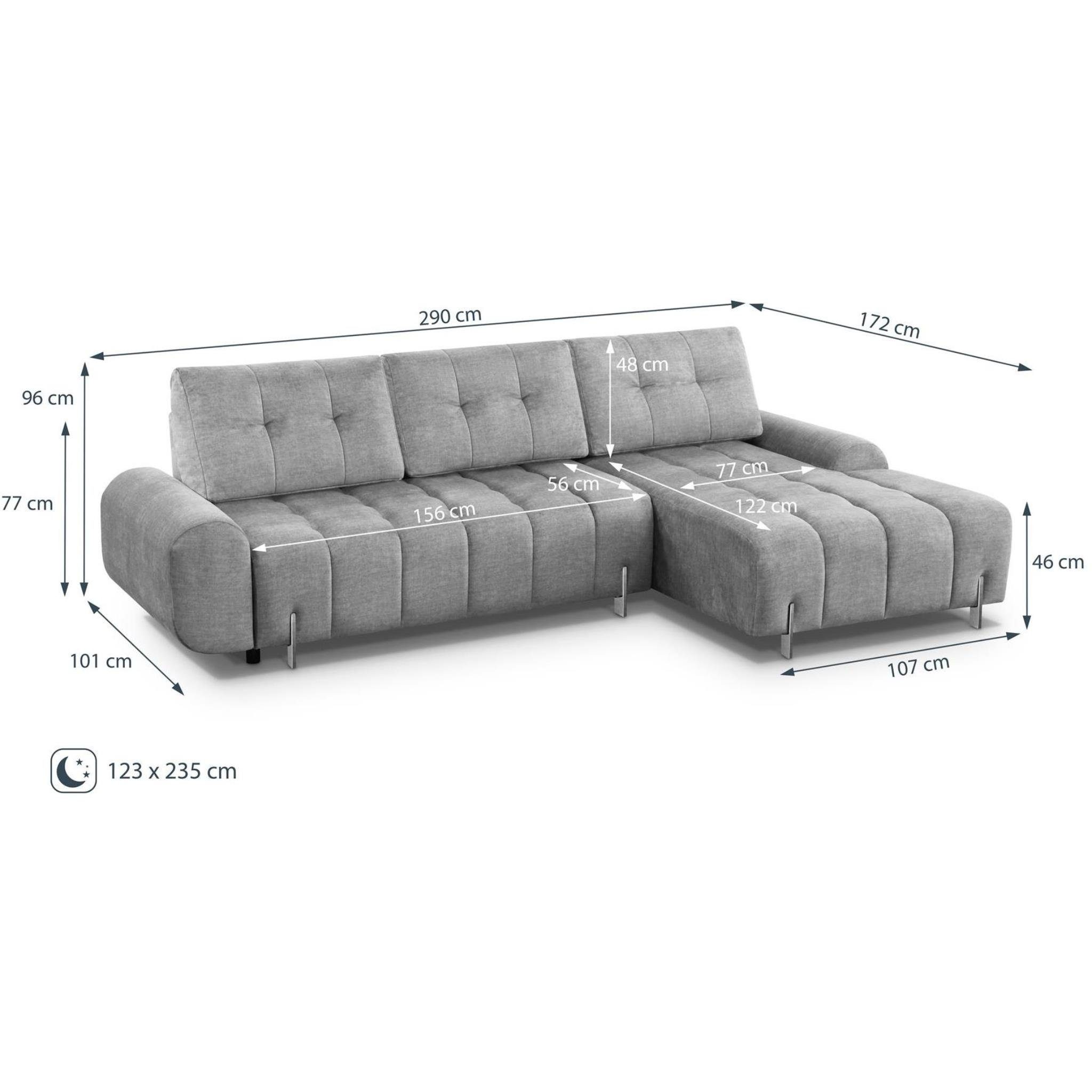 + Couch für Carry, L-From (vogue Hellgrau Polsterecke 14) Schlaffunktion, mit Ecksofa, rechts, Beautysofa oder links Wohnzimmer Bettkasten