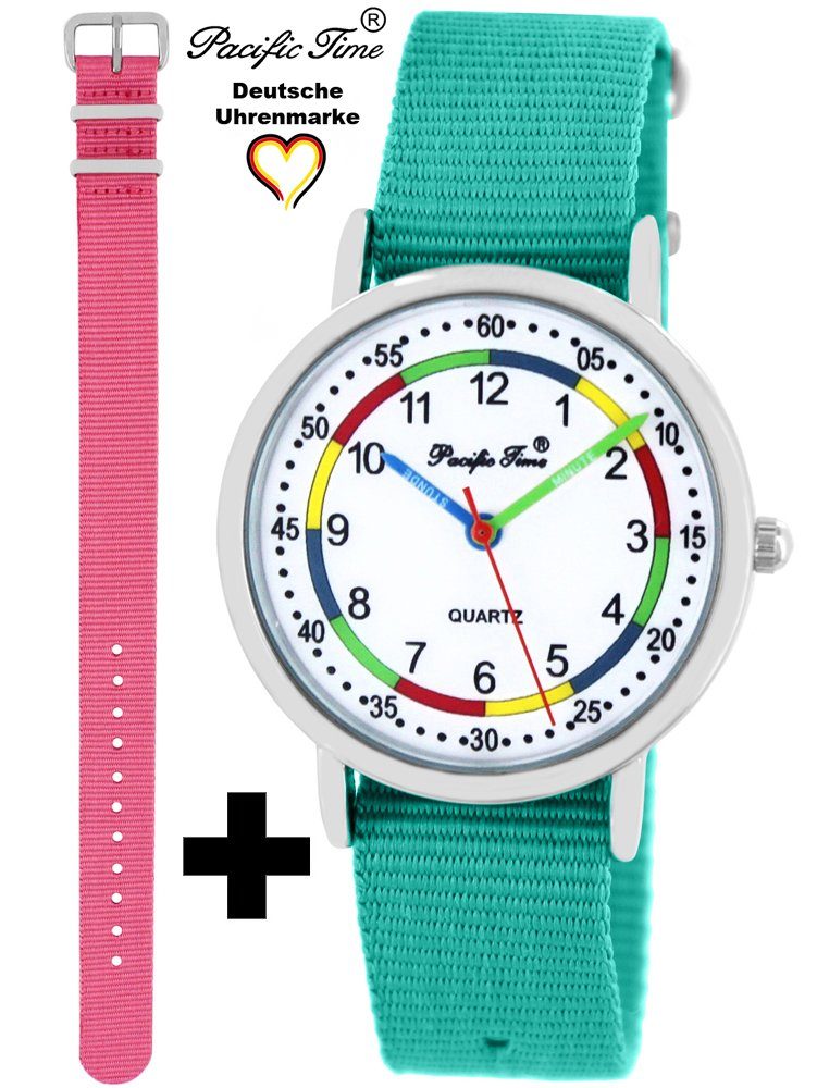 Pacific Time Quarzuhr Set Kinder Armbanduhr First Lernuhr Wechselarmband, Mix und Match Design - Gratis Versand rosa und türkis