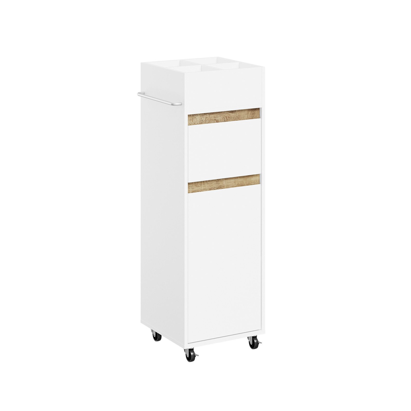 SoBuy Badregal BZR225, Badezimmerschrank schmal, Nischenregal mit Schublade, Rollbarer Unterschrank mit Tuchhalter und Einlegeböden für Badezimmer