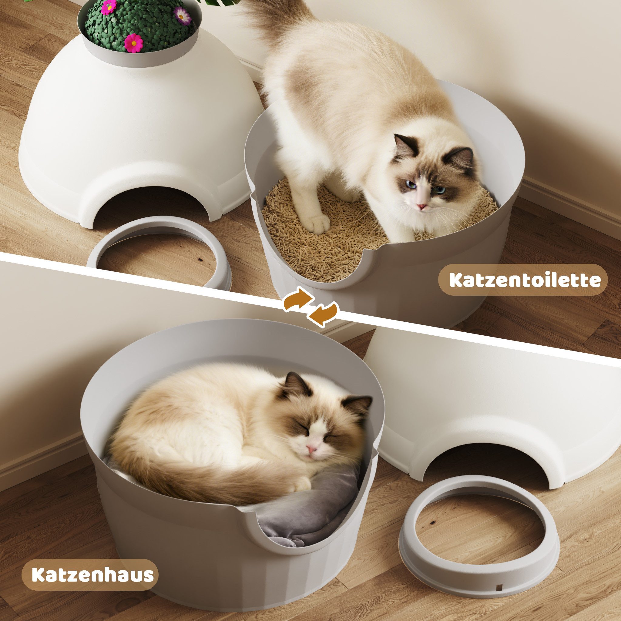 Mondeer Katzentoilette Tierhäuser, 2-in-1 Katzentoilette & Schlafhöhle mit Deko-Pflanze, Belüftet