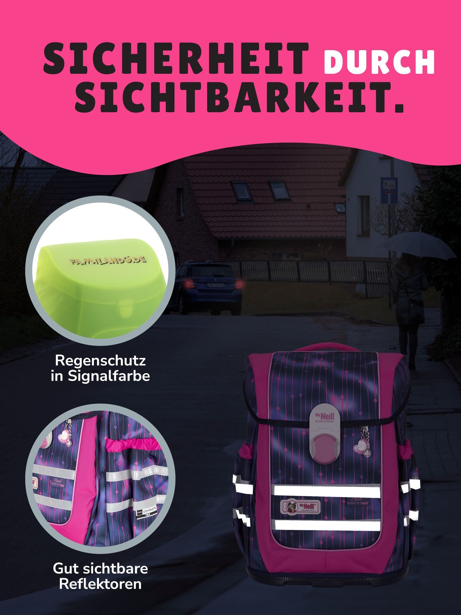 McNeill Schulranzen Ergo Complete "Pearl" Mädchen Schultasche Lila Pink ab der 1. Klasse (Set, 9-tlg., inkl. Federmäppchen und Sporttasche), ergonomisch; mit Brustgurt; verstellbar - wächst mit dem Kind mit