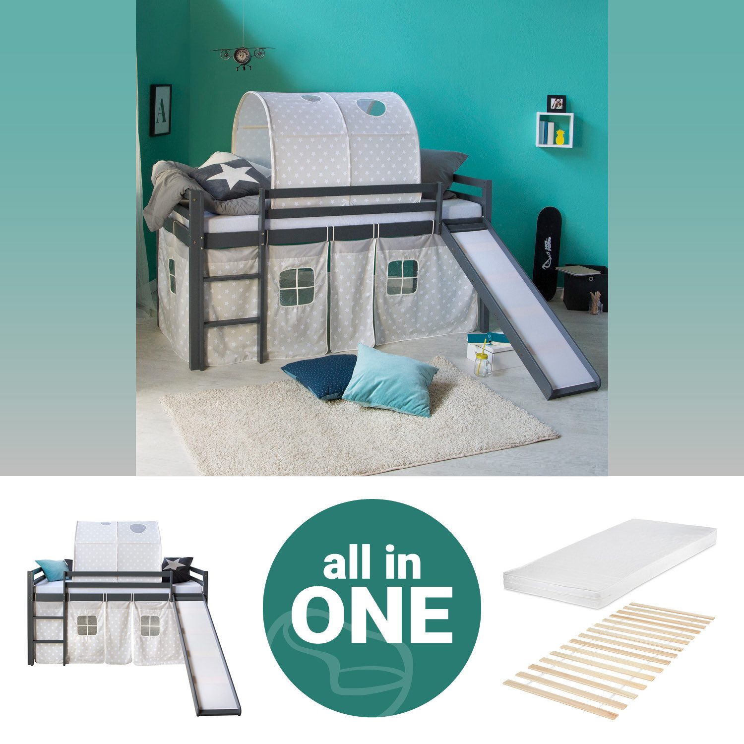 Homestyle4u Hochbett 90x200 cm Grau mit Vorhang Sterne für 1 Kind Kiefer Massiv (Komplett-Set mit Lattenrost, mit Rutsche, mit Tunnel, Matratze mit OEKO-TEX® Standard 100) Junge, Mädchen, Spielbett