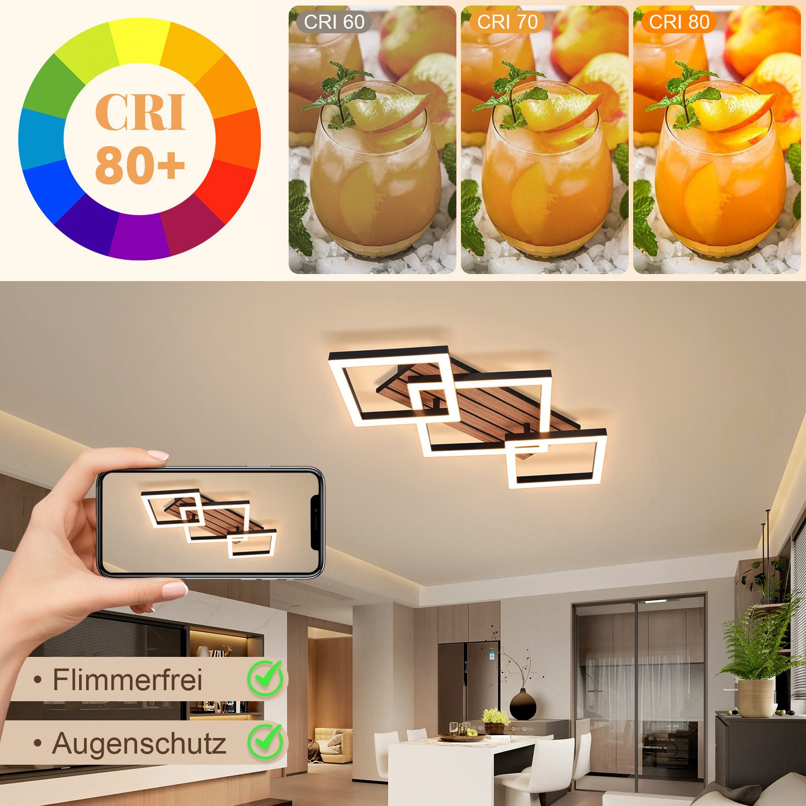 Nettlife LED Deckenleuchte Retro schwarz 14/21W eckig 3000K Warmweiß Design lampe Holz, LED fest integriert, für Küche Schlafzimmer Flur Wohnzimmer Bürolampe Zu – Bild 4 von 5