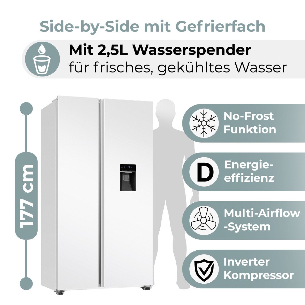 BOMANN Side-by-Side SBS 7367, 177 cm hoch, 91 cm breit, Side by Side Kühlschrank, Wasserspender mit Tank
