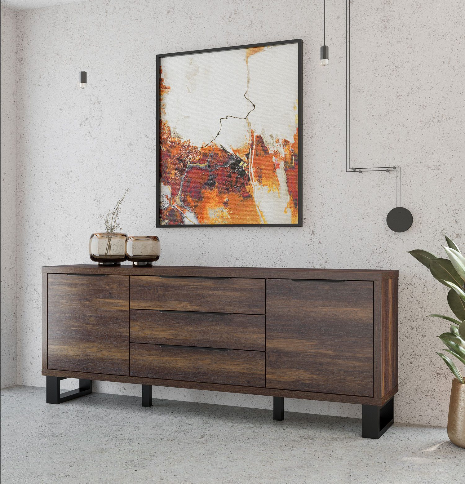 Helvetia Sideboard Halle (1 St), 201cm Wallace Eiche schwarz 2-türig