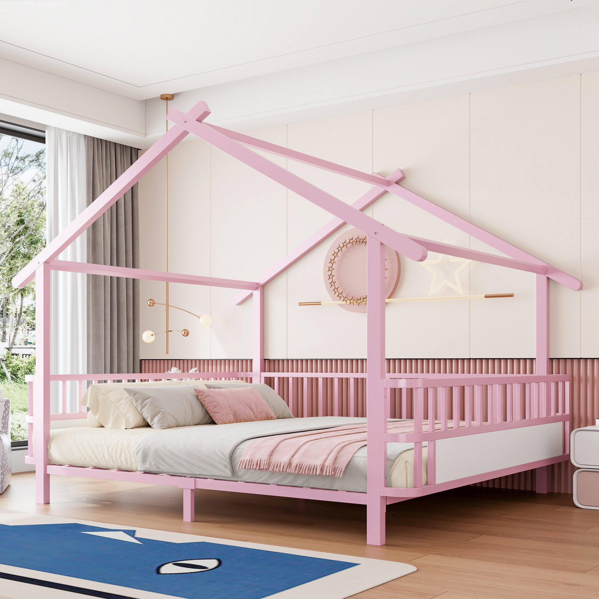 Odikalo Bettgestell Kinderbett Jugendbett Doppelbett 90/140×200 Ohne Matratze (Hausform mit Sicherheitsgitter Dachdesign und dekorativem Rahmen für Jungen und Mädchen(Ohne LED-Leuchten)