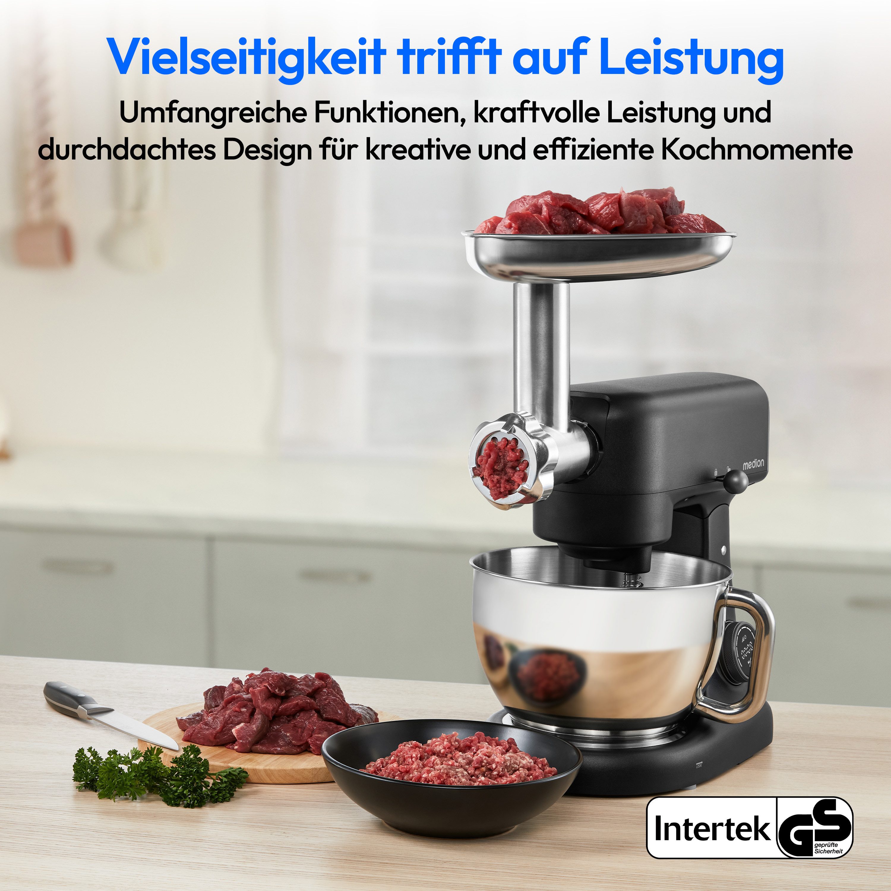 Medion® Küchenmaschine MD12600, Ultraleiser 800 W Gleichstrom-Motor, 800 W, 4,7 l Schüssel, Mit umfangreichem Zubehör-Set, Fleischwolf-Aufsatz, Gemüsereibe
