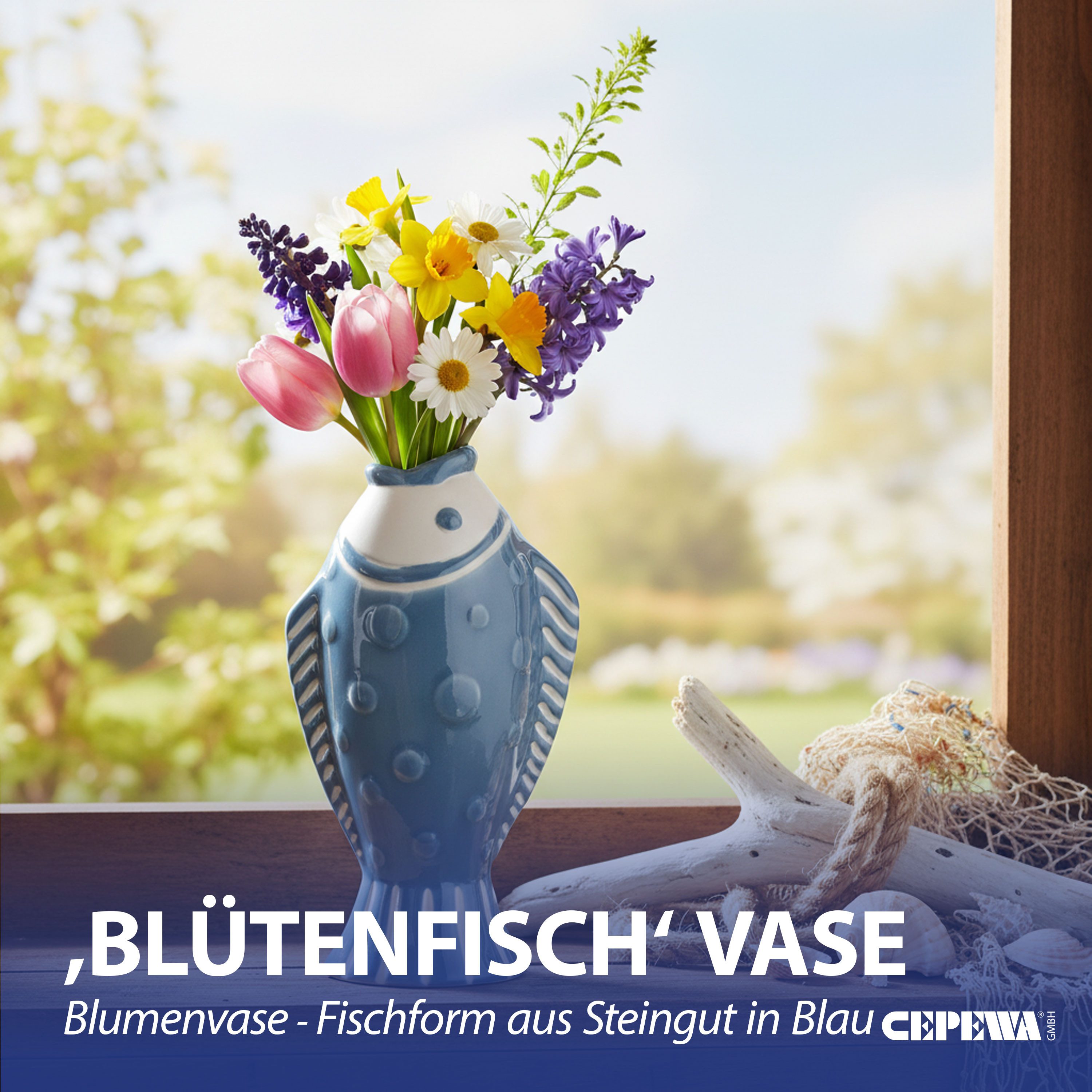CEPEWA Dekovase Vase Fisch 'Blütenfisch' 7,5x19x10cm Steingut blau Dekovase Fischform – Bild 3 von 5