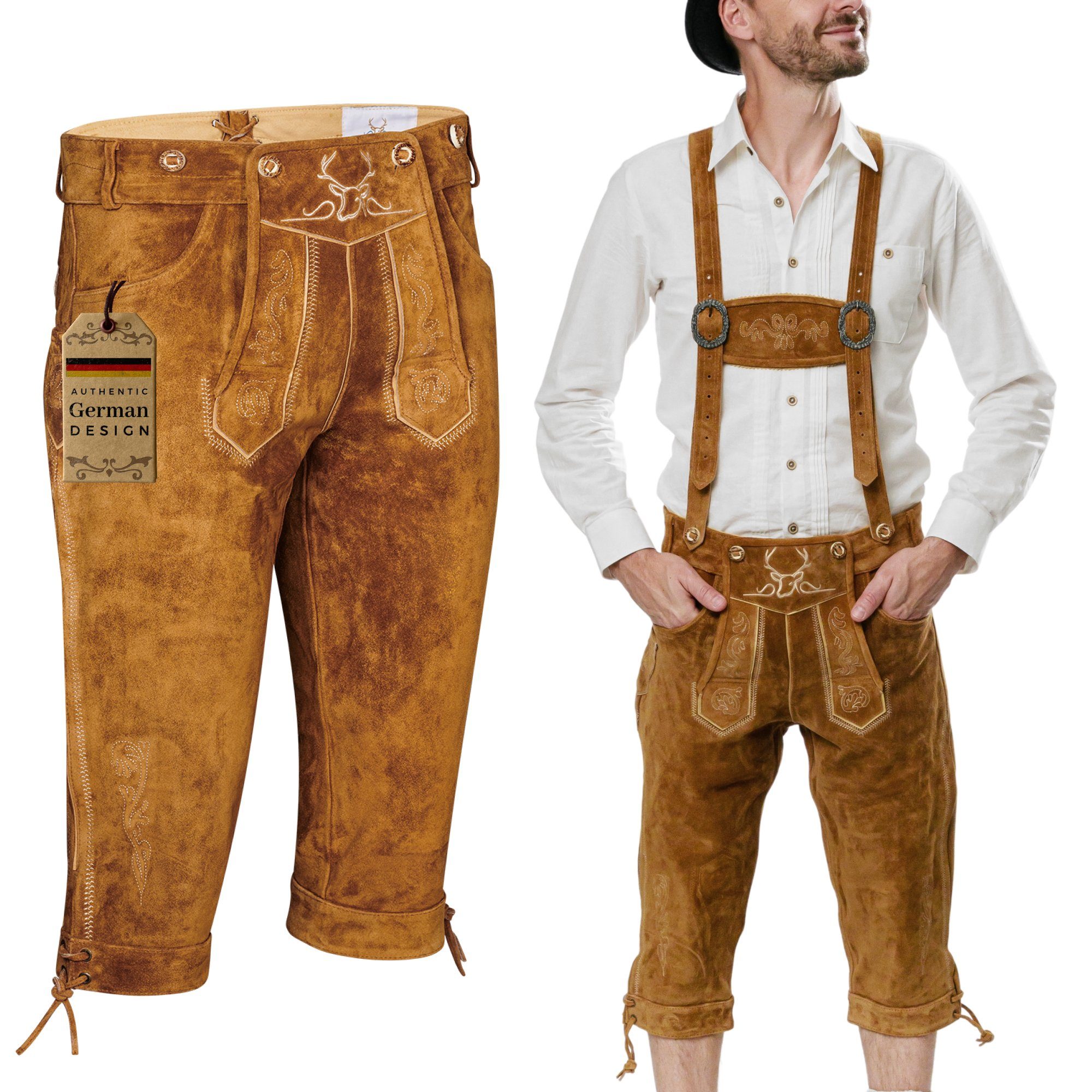 BAVARIA TRACHTEN Trachtenhose Lederhosen Tracht Herren Kniebund - Echtleder hellbraun Gr. 46-66 robustes Material und in traditionellem Design gefertigt