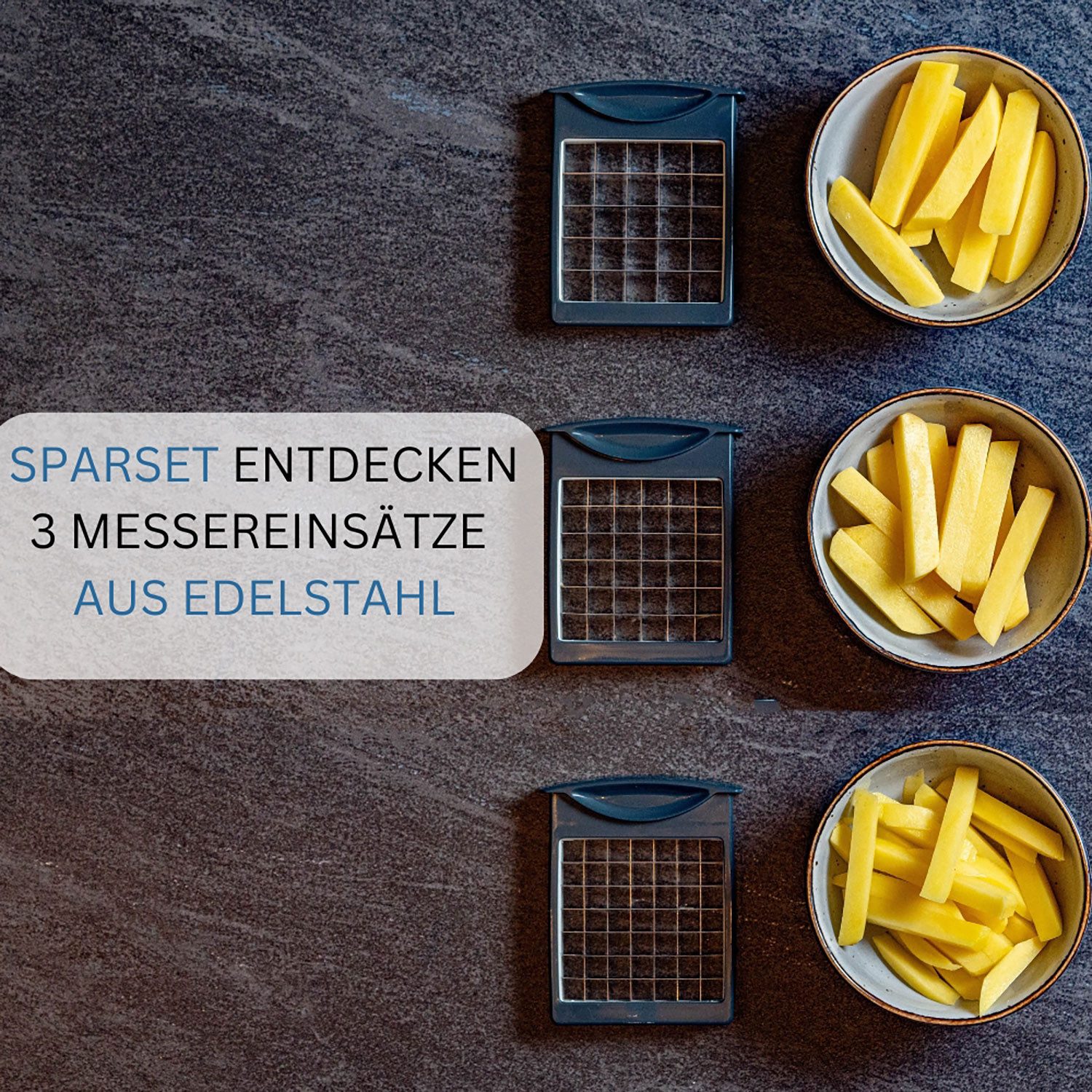 WESTMARK Pommesschneider und Gemüse-/Obststiftler mit drei Edelstahl-Schneideinsätzen und Stemp, rutschfester Saugfuß, auch für Obst und Gemüse geeignet