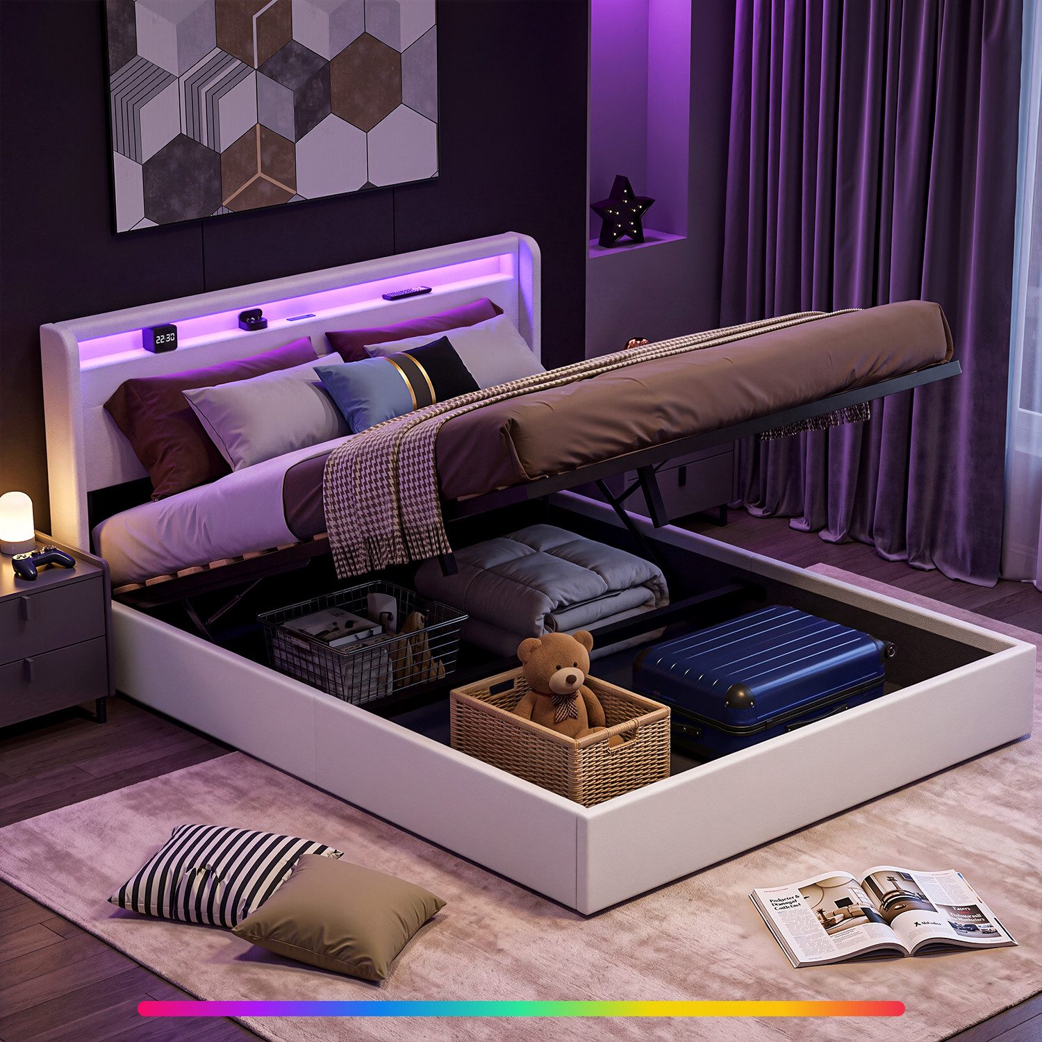 oyajia Polsterbett Bettrahmen mit LED-Beleuchtung und Ladestation, PU-Kunstleder (Type-C + USB, Hydraulisch hebbarer Stauraum), Jugendbett Bettgestll mit Bettkasten, Ohne Matratze