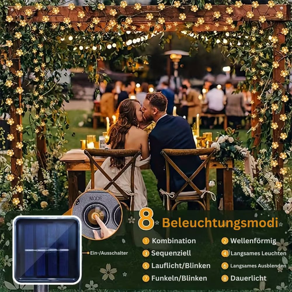 Montegoni LED-Streifen 5m 20 LED Solar Lichterkette Kirschblüten Beleuchtung LED 8 Modi, Warmes, gelbes Licht, Dimmbar, Solarbetrieben, Energiesparend