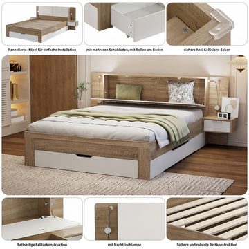 MODFU Holzbett Doppelbett, Bettanlage mit 2 LED Nachtkommoden (Paneelbett mit mehreren Schubladen, mit 2 Nachttisch, aufklappbarer Ablage, 140x200cm), ohne Matratze