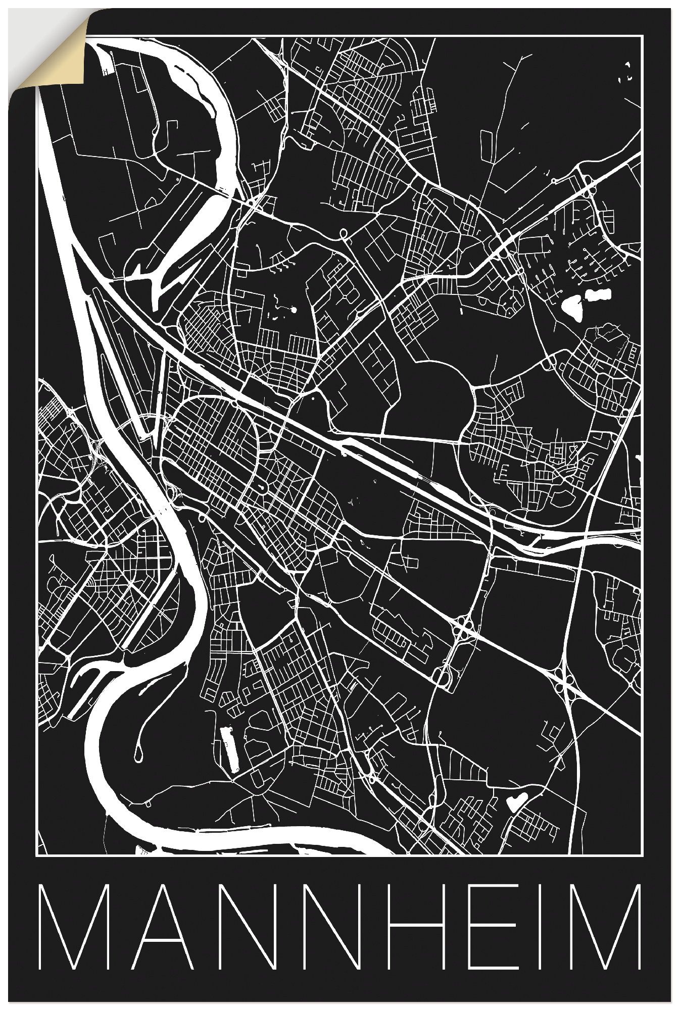Artland Wandbild Retro Karte Mannheim Deutschland Schwarz, Deutschland (1 St), als Alubild, Leinwandbild, Wandaufkleber oder Poster in versch. Größen