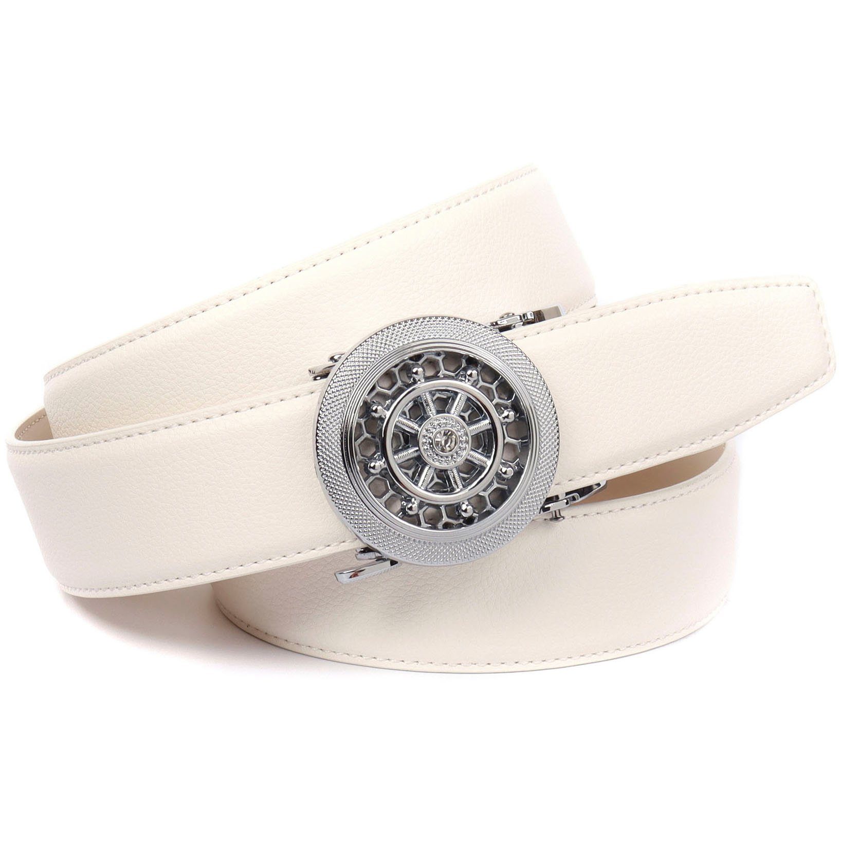 Crown Anthoni Automatik-Schließe drehendem mit Ledergürtel weiß Steuerruder silberfarbener und