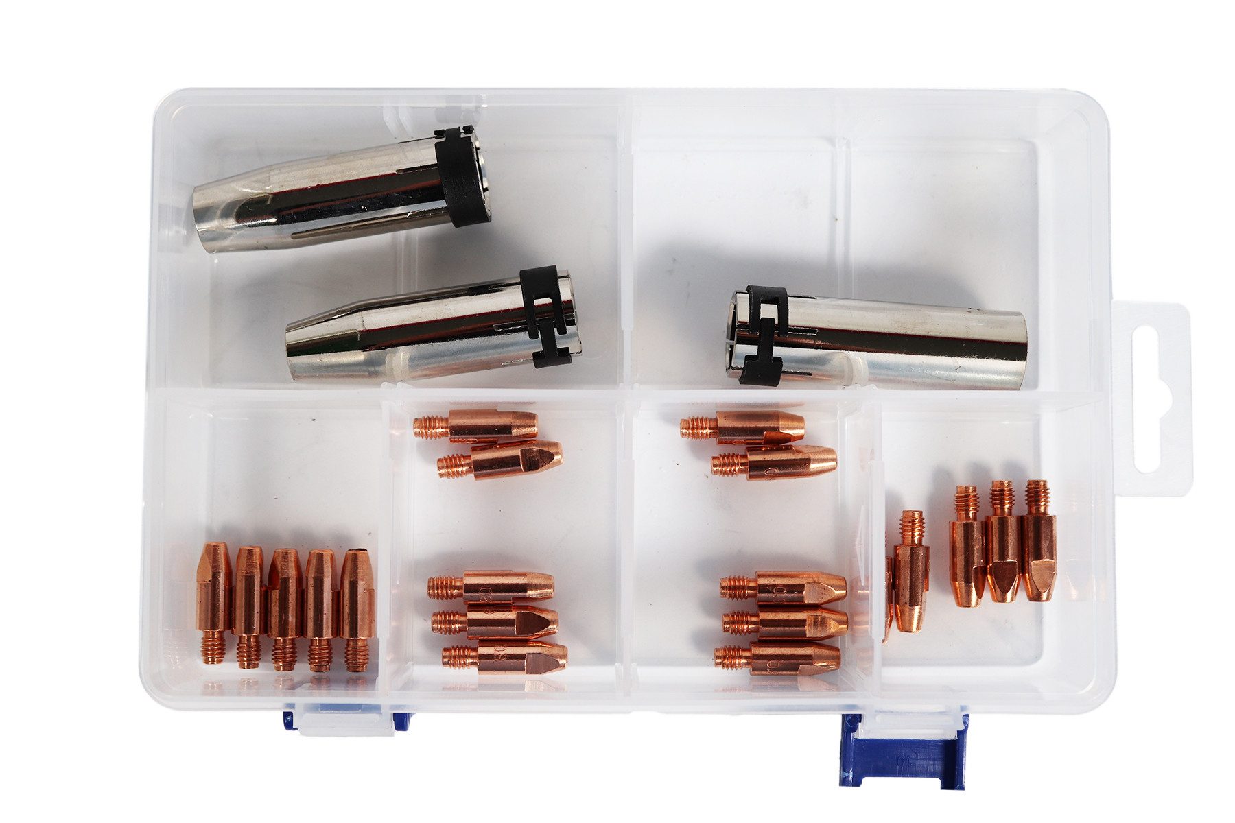 WELDINGER Gasdüse MAGSet24 für MAG-Brennertyp PLUS24 (Verschleißteileset 0,6-1,0 mm), Zubehörset, 24-St., Zubehörset für MAG-Schweißgarnitur, übersichtliche Kunststoffbox