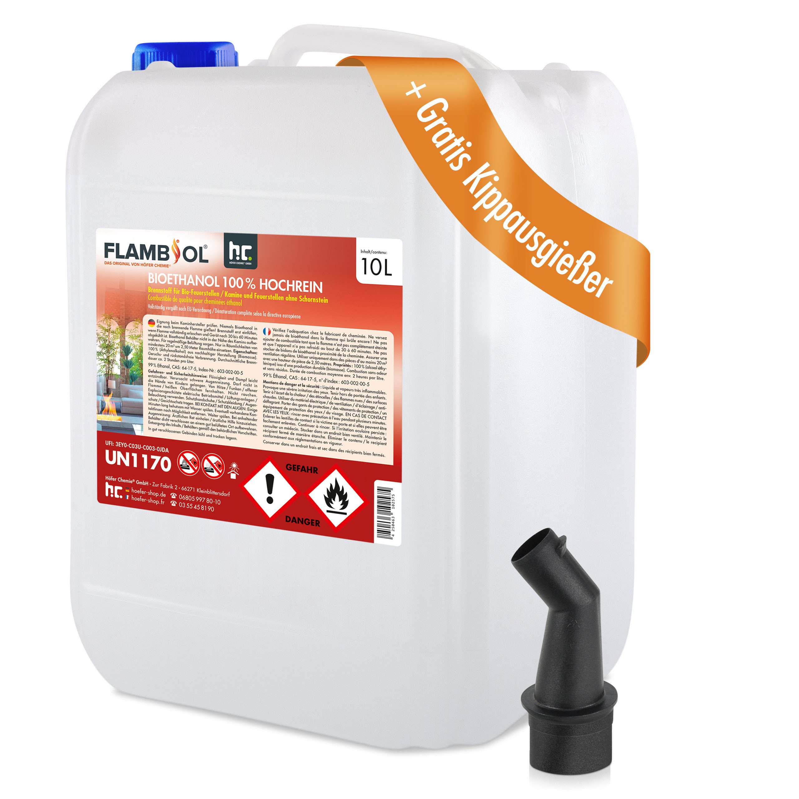 Höfer Chemie GmbH Bioethanol 10 L FLAMBIOL® Bioethanol 100% Hochrein, 10 l, (1-St)
