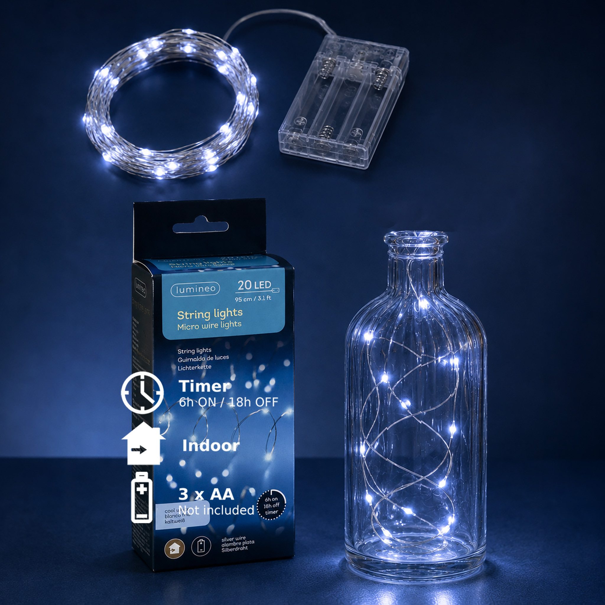 Lumineo LED-Lichterkette, LED Draht Lichterkette 95cm Batterie 20 Micro-LEDs Silber / Kaltweiß