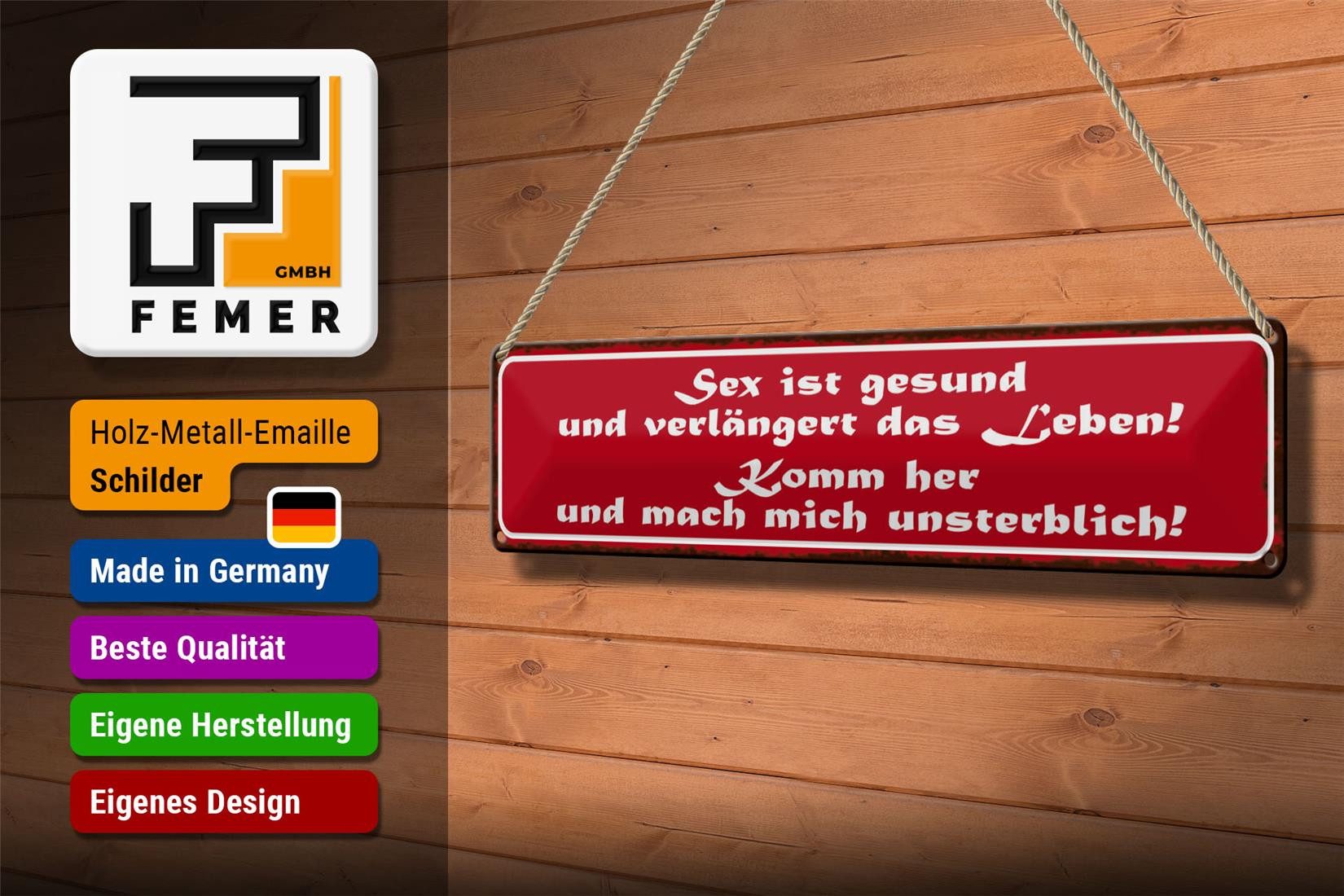 Femer GmbH Metallschild Spruch 46x10cm Sex ist gesund verlängert Leben, (1 St), gewölbte Oberfläche, abgerundete Ecken, umgeschlagene Kanten