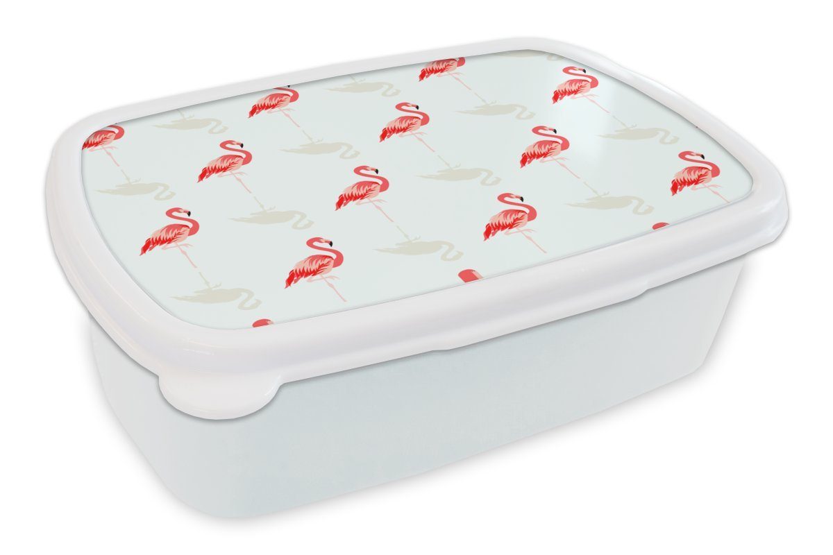 MuchoWow Lunchbox Flamingo - Tiere - Muster, Kunststoff, (2-tlg), Brotbox für Kinder und Erwachsene, Brotdose, für Jungs und Mädchen weiß