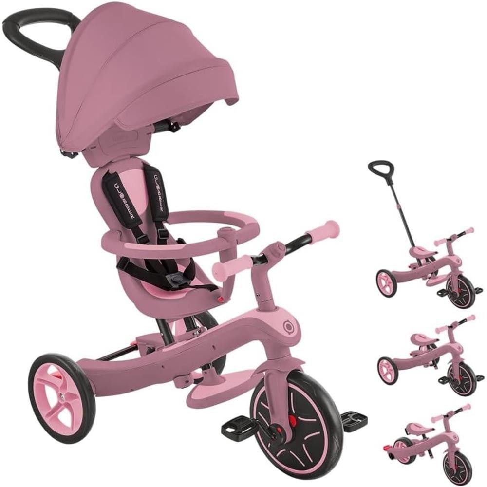 Globber Dreirad-Kinderwagen EXPLORER TRIKE 4in1 ECO Kinderwagen Dreirad Laufrad, Mit 5-Punkt-Gurt, Sicherheitsbügel, Kopfstütze und Hinterradbremse