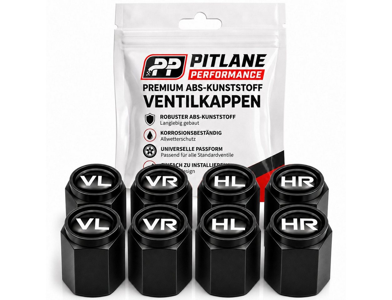 Pitlane Performance Ventilkappe Ventilkappen Auto mit Beschriftung 8 Stück, (Ventilkappen-Set, 8er-Set zur Reifenmarkierung), ABS-Ventilkappen mit integrierter Dichtung
