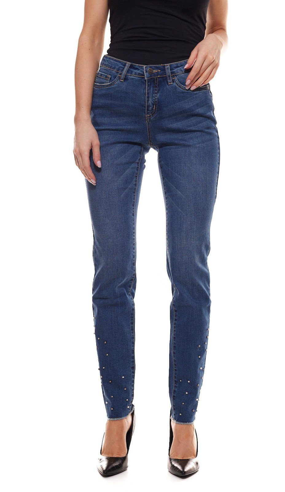 Aniston by BAUR Regular-fit-Jeans »Aniston Skinny-Jeans leicht ausgefranste  Damen Hose mit Zierperlen Denim Blau« online kaufen | OTTO