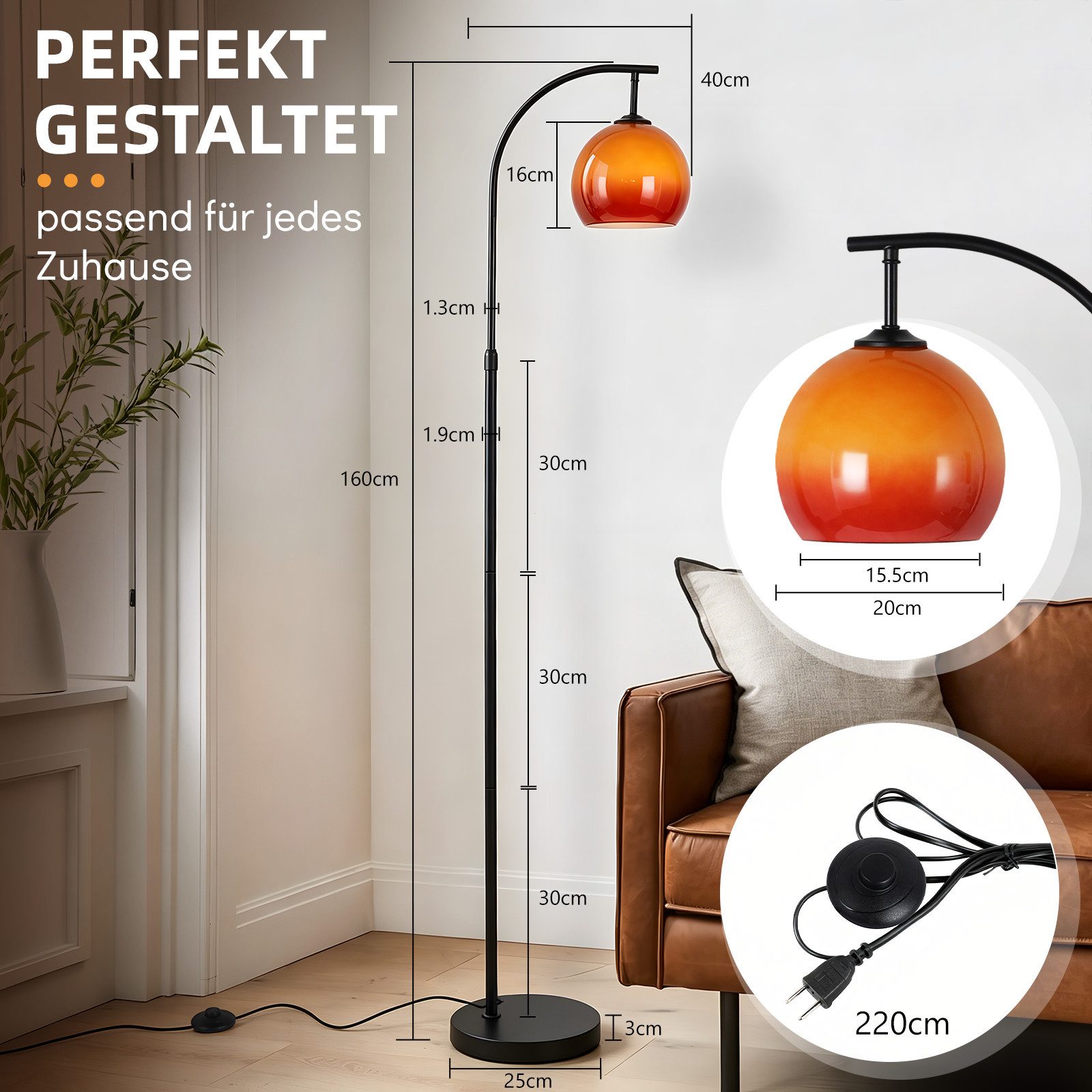 Nettlife Stehlampe bogen wohnzimmer Glas Kugel E27 160CM Höhe drehbarer Fußschalter, ohne Leuchtmittel, für Wohnzimmer Schlafzimmer Arbeitszimmer Eisen Glas 220 – Bild 4 von 5