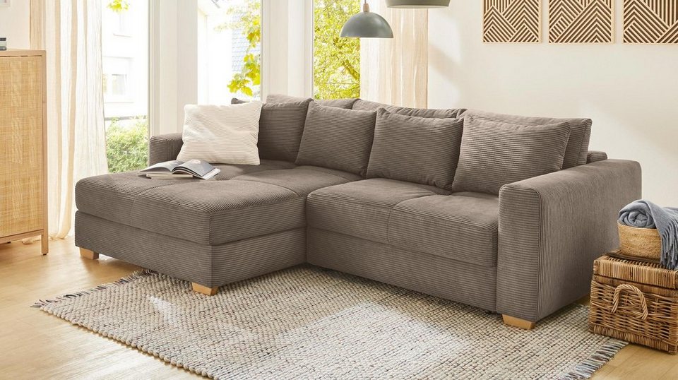 Massivart® Ecksofa KAMPEN in Cordbezug taupe / 288 cm, Cordsofa,  Bettfunktion, Bettkasten, Taschenfederkern