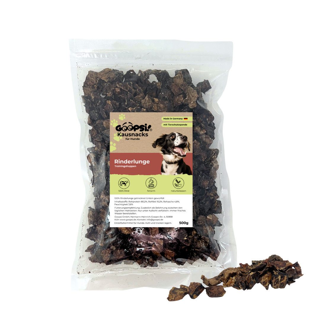 GOOPSI Rinderlunge Trainingshappen 500g - aus 100 % Rind, getrocknet, Leckerli für: Hunde, Fettarmer Kauartikel, Leckerli naturbelassen, Hundesnack zuckerfrei