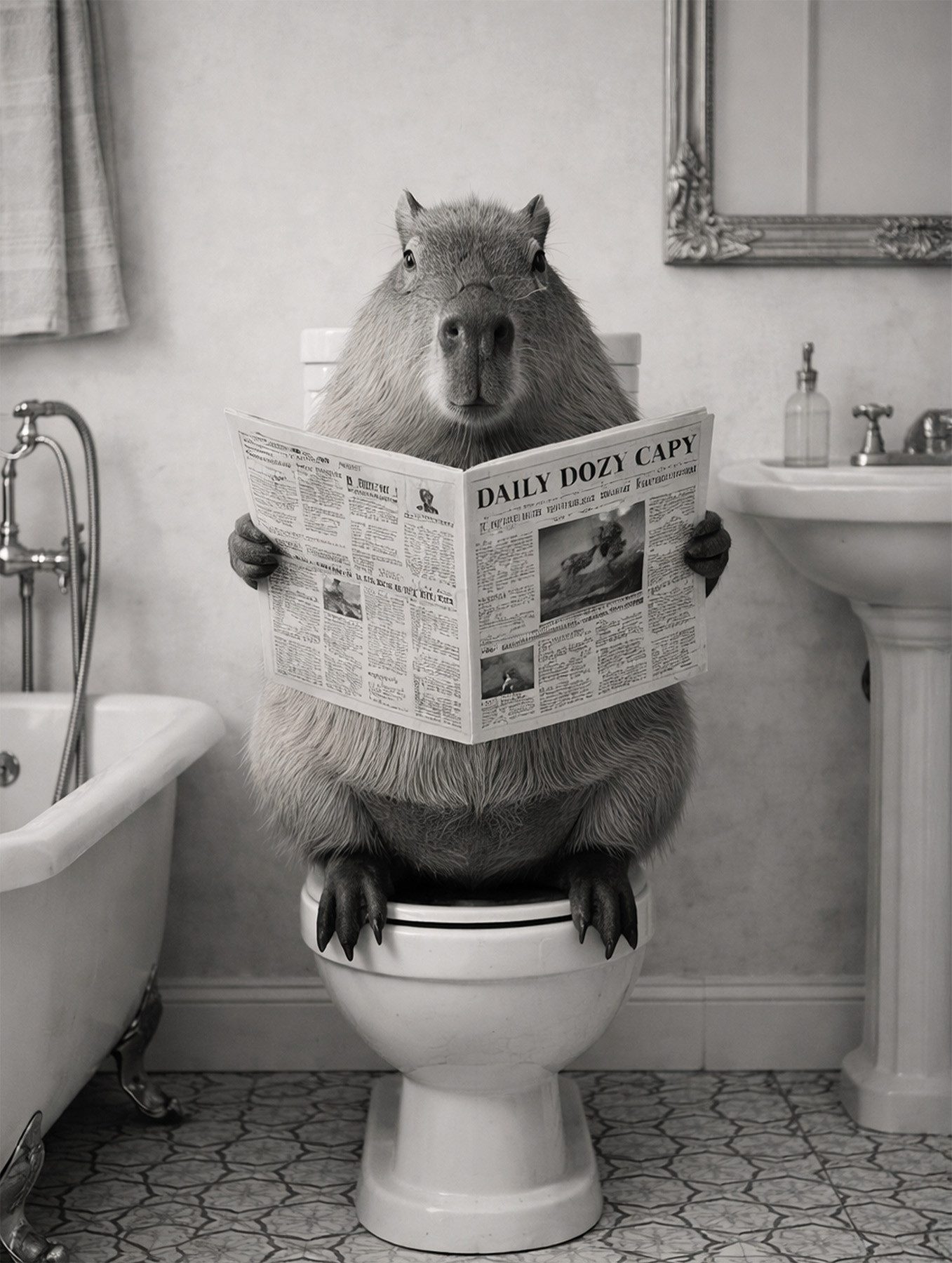 Bönninghoff Bild Wandbild CAPYBARA AUF WC 46x61 cm – Leinwandbild Keilrahmen Deko, Humor, Tiere, auf Keilrahmen gespannt