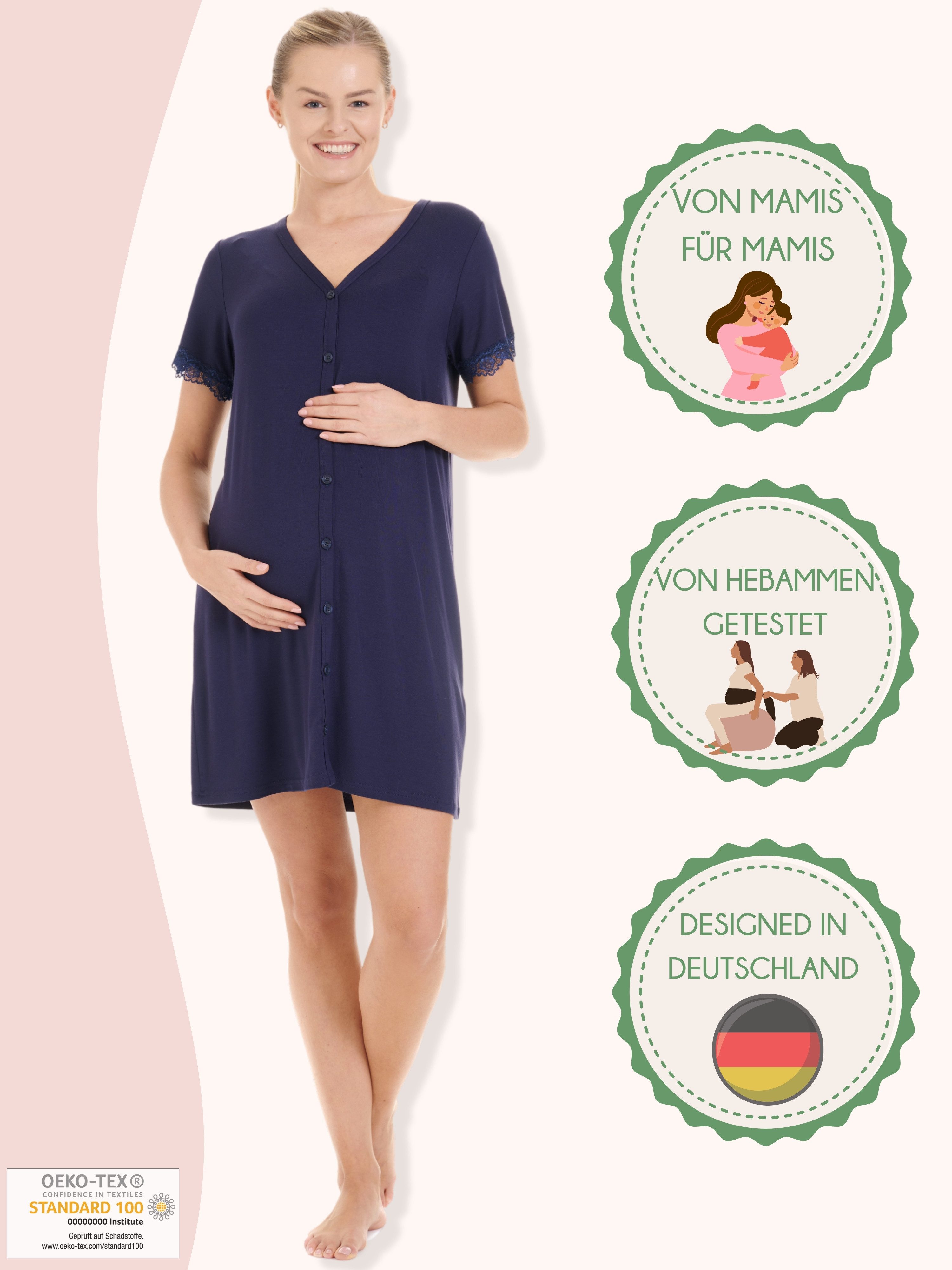 Herzmutter Umstandsnachthemd Stillnachthemd - Knopfleiste - Wochenbett-Geburt Schwangerschaftsnachtkleid