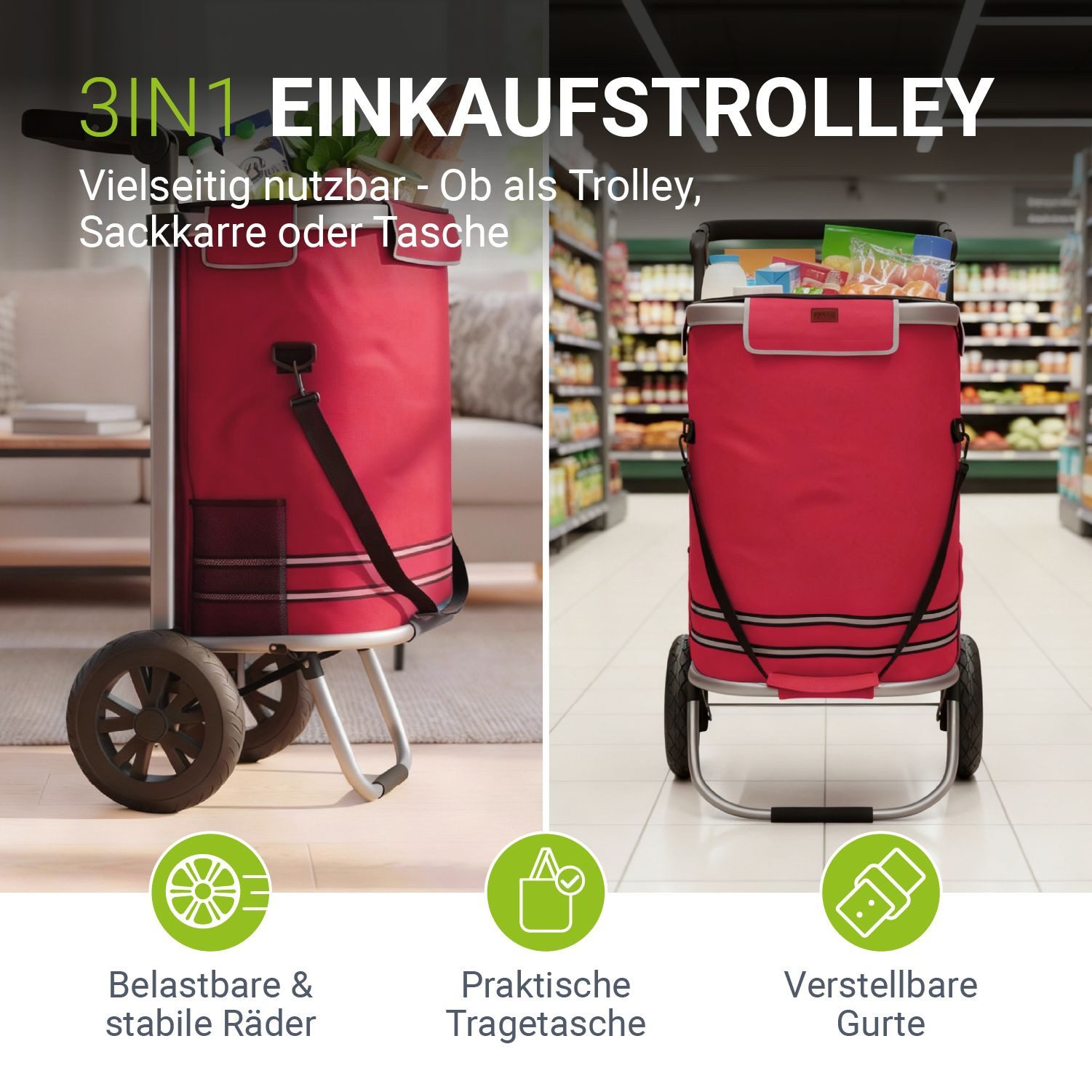 Juskys Einkaufstrolley, 56 l, 3in1 für Shopping, mit 2 Rollen, 56 L Tasche, klappbar & modern