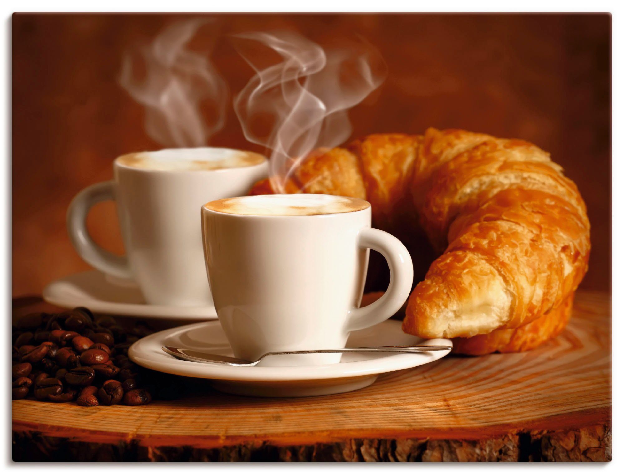 Artland Leinwandbild Dampfender Cappuccino und Croissant, Getränke (1 St), auf Holzrahmen gespannt