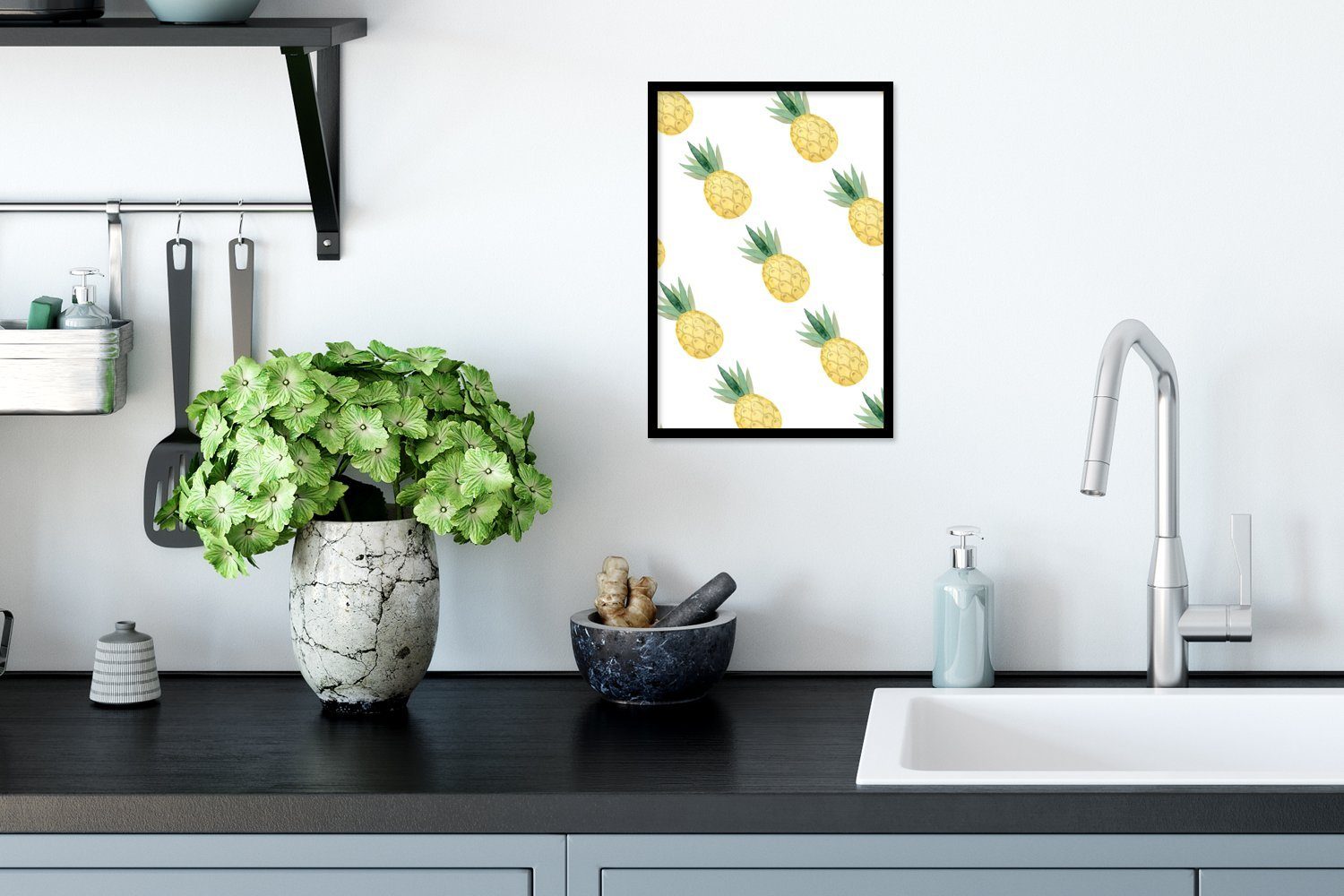 MuchoWow Poster Ananas - Aquarell, Obst Wanddeko, Schwarzem Gerahmtes Poster, (1 Wandposter, Bilderrahmen St), Bilder, 